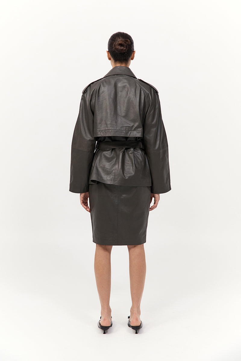 Cropped Leather Trench - Khaki - 6