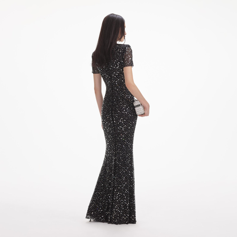self-portrait Black Square Rhinestone Mesh Maxi Dress - AW24-172X-B |  REVERSIBLE