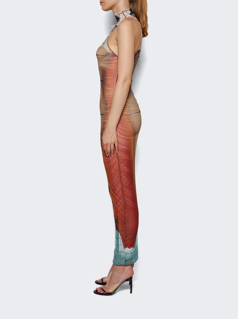 Mesh High Neck Long Dress Fire Print - 3