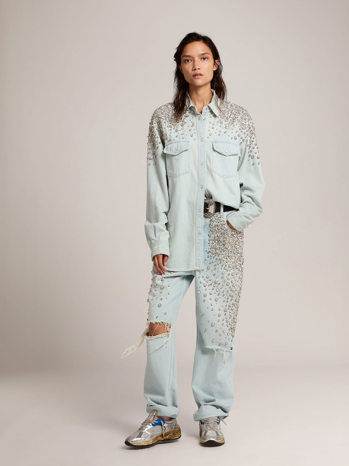Women's bleached boyfriend shirt with cabochon crystals - 3