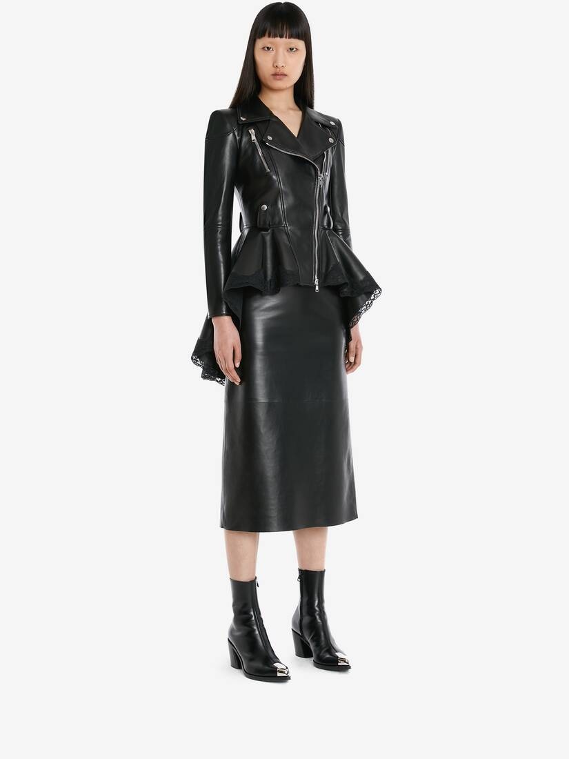 Leather Peplum Biker Jacket in Black - 3