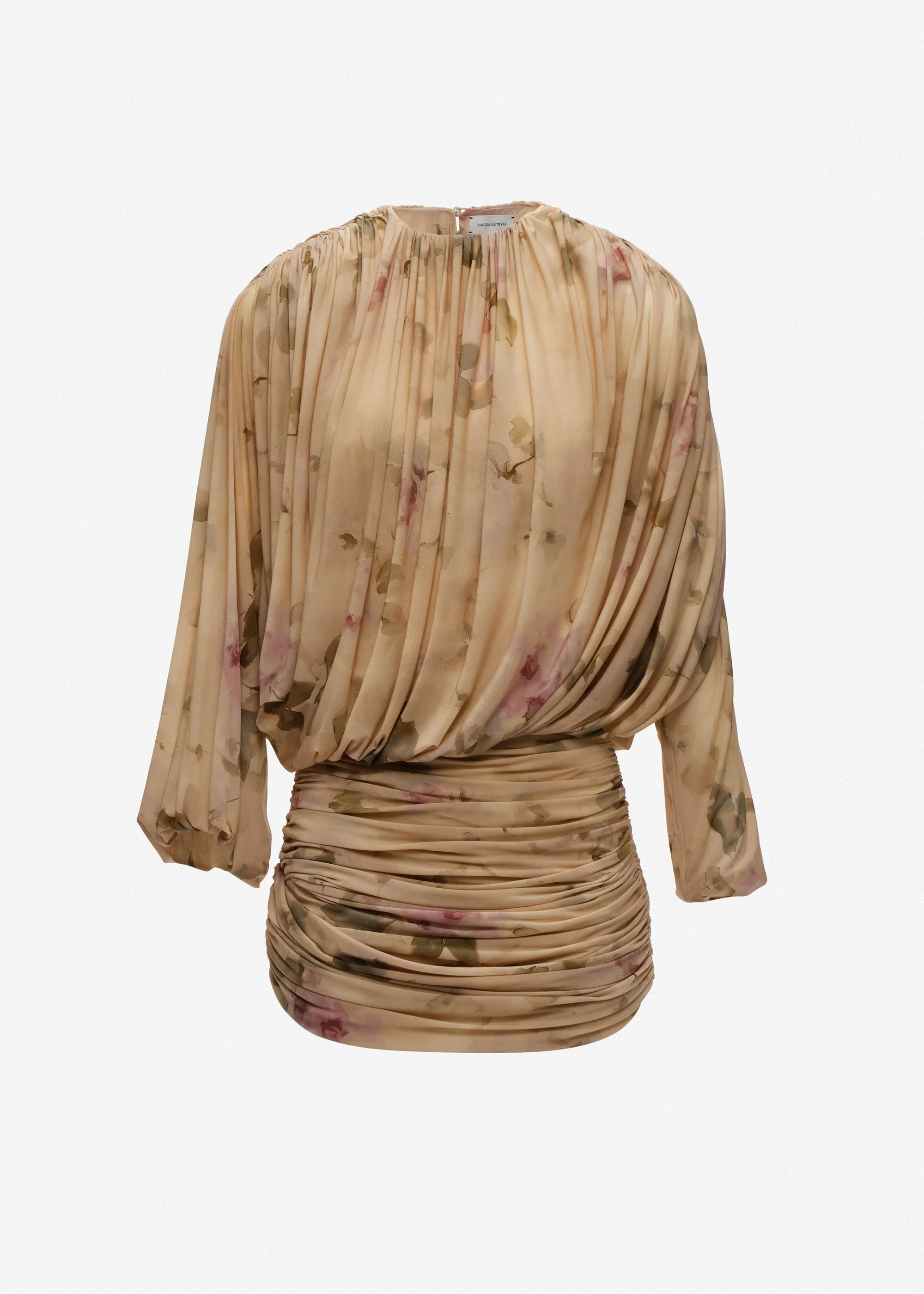 Gathered cupro mini dress in beige floral print - 1