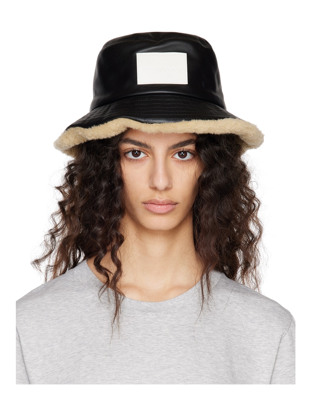 MM6 Maison Margiela Black Patch Faux-Leather Bucket Hat | REVERSIBLE