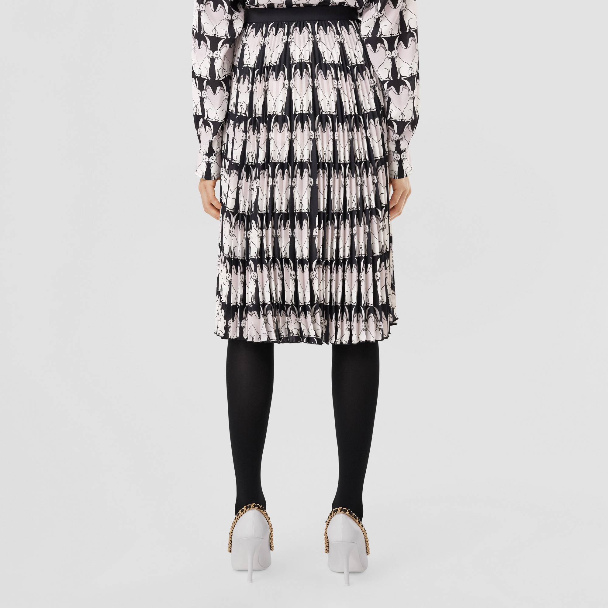 Rabbit Print Pleated Crepe de Chine Skirt - 3