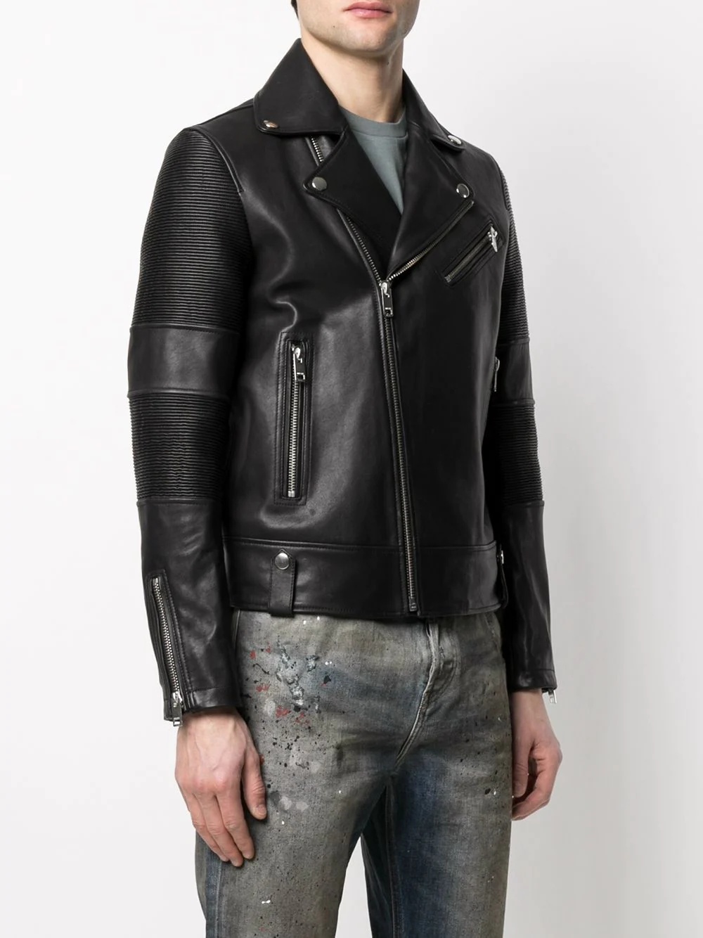 ribbed panelling biker jacket - 3