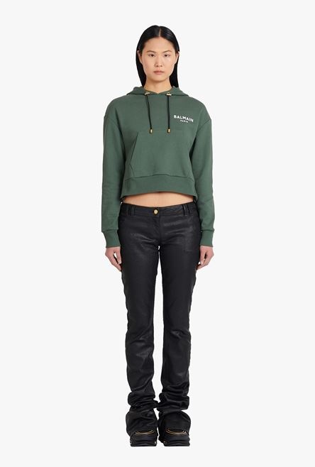 Cropped dark khaki eco-designed cotton sweatshirt with flocked white Balmain logo - 4