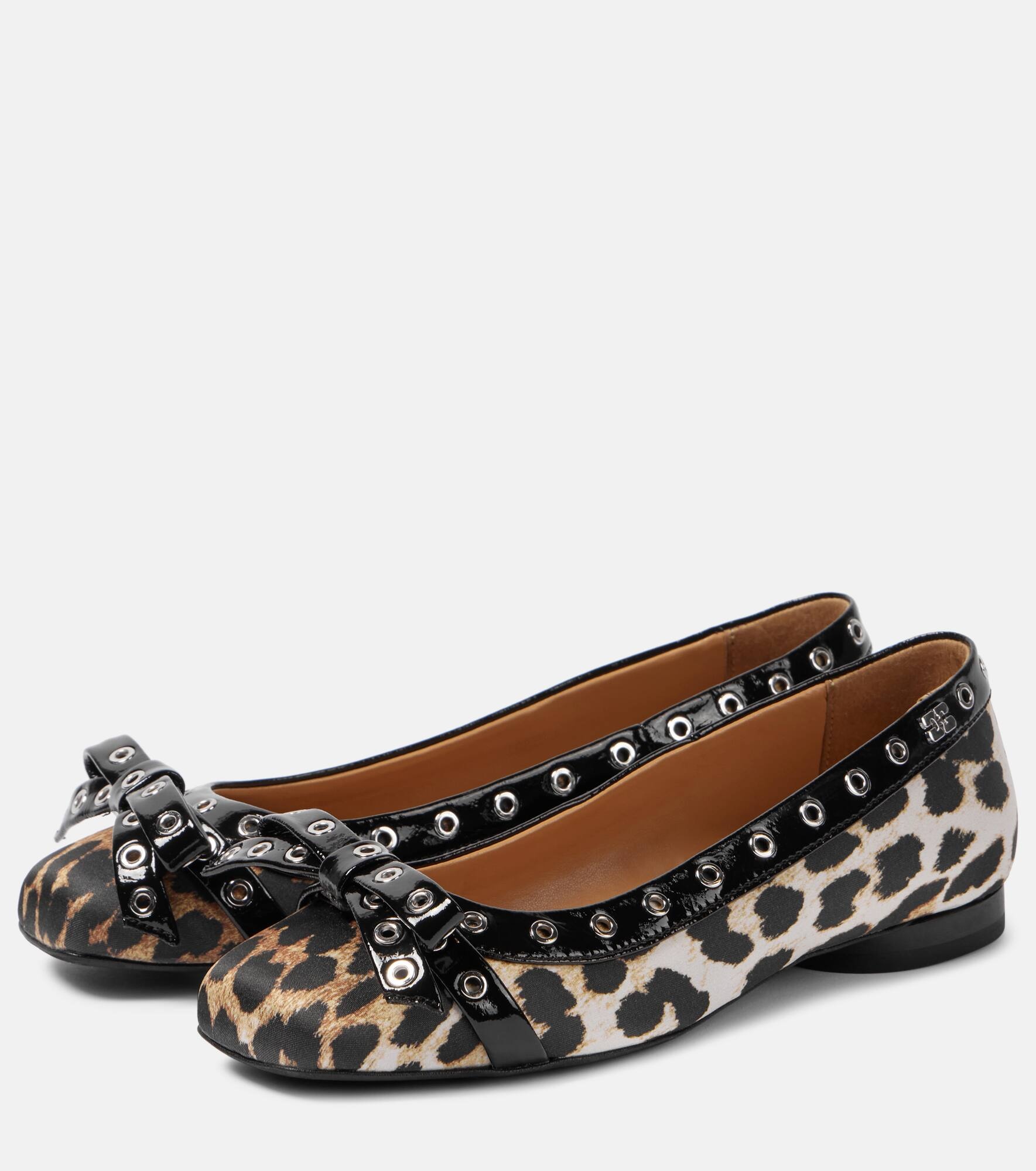 Eyelet Bow leopard-print satin ballet flats - 4