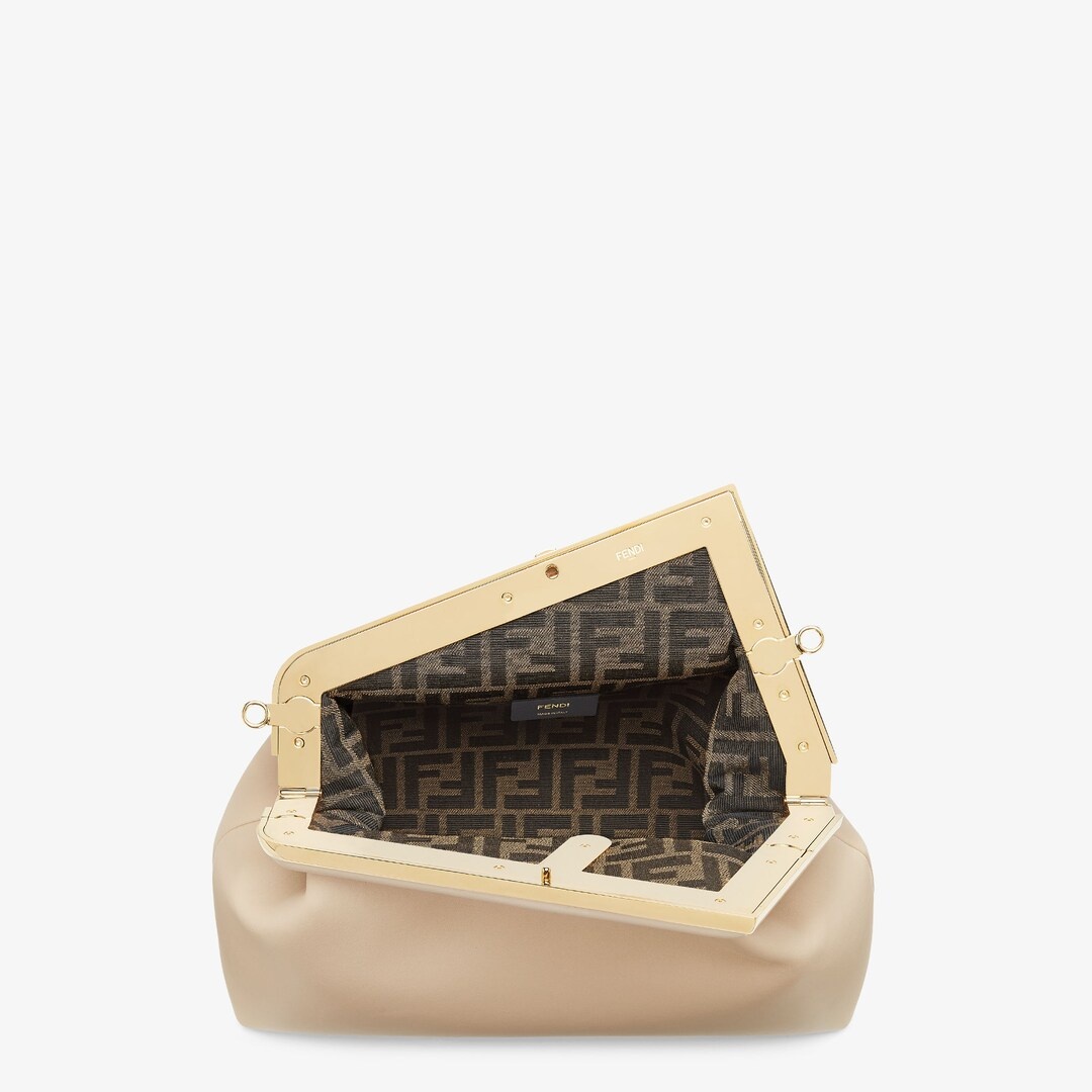 Medium Fendi First bag made of soft, beige nappa leather with oversized metal F clasp bound in tone  - 4