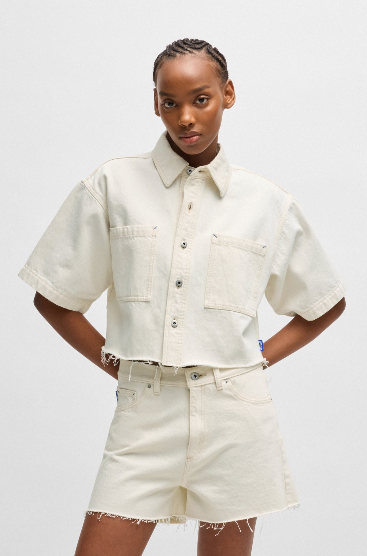 CROPPED ECRU-DENIM BLOUSE WITH RAW HEM - 2