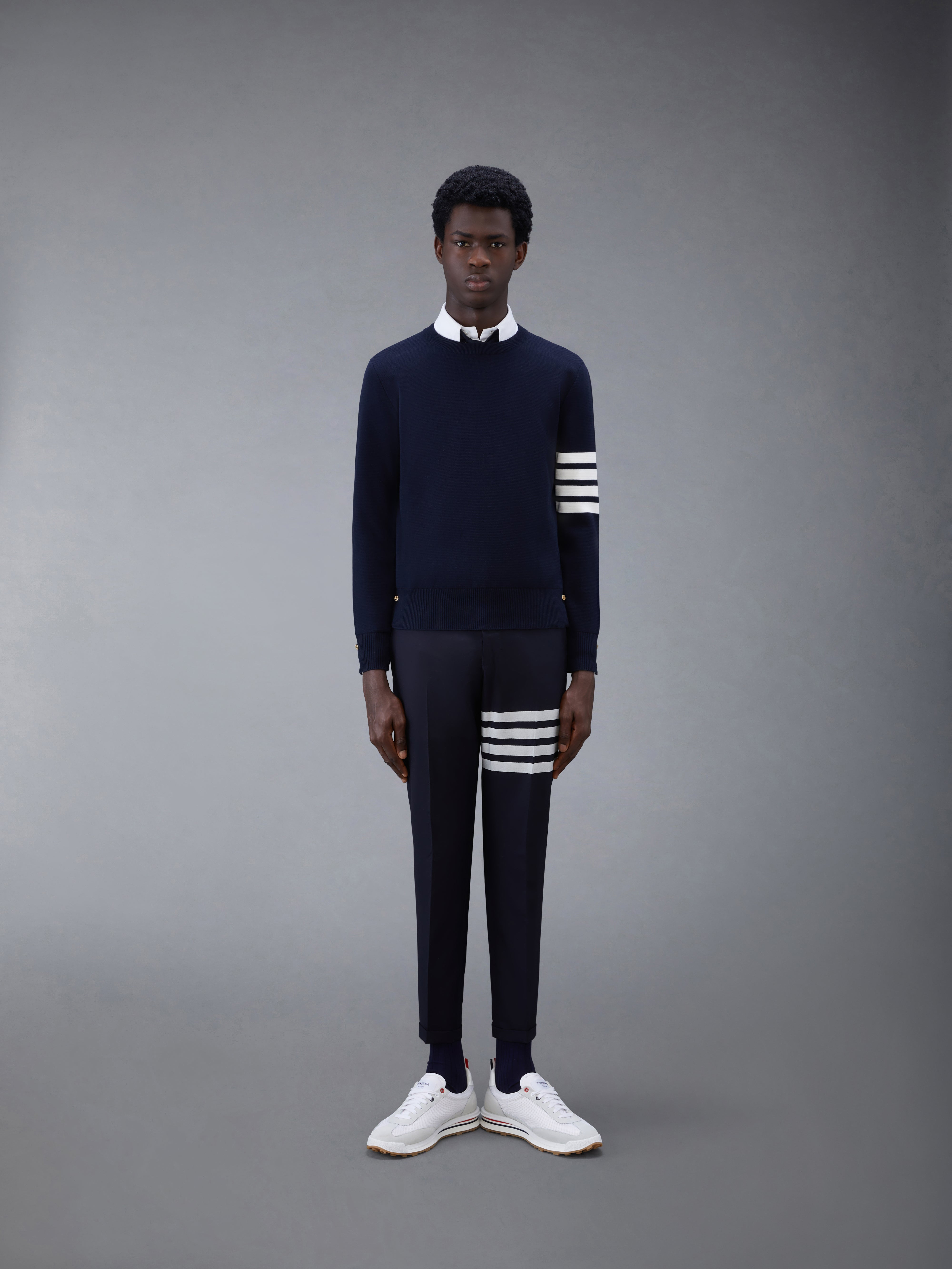 Navy Milano Stitch Cotton 4-Bar Crew Neck Pullover - 3
