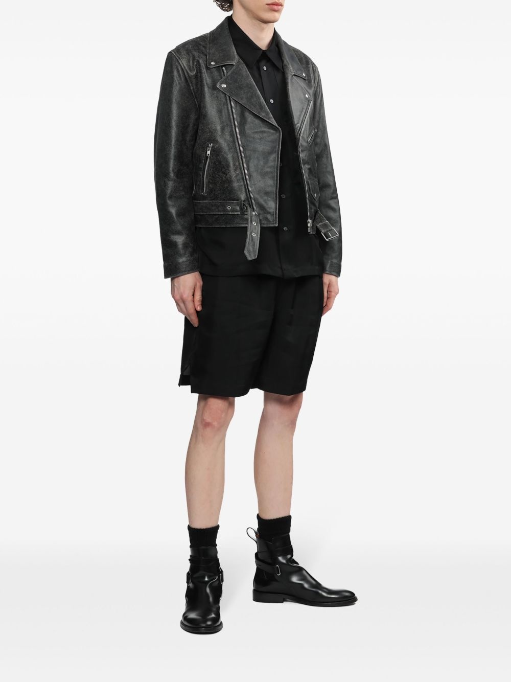 faded leather biker jacket - 2