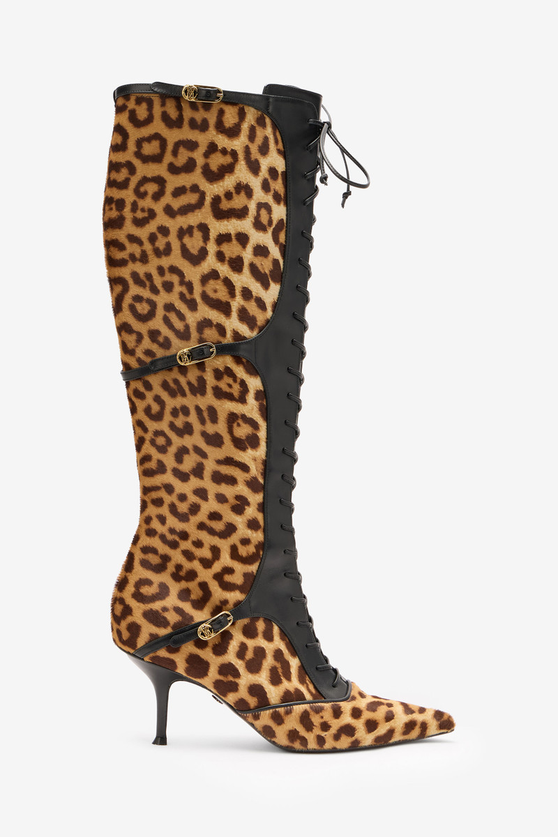Pointed Lace-Up Boots With Leopard Skin 1