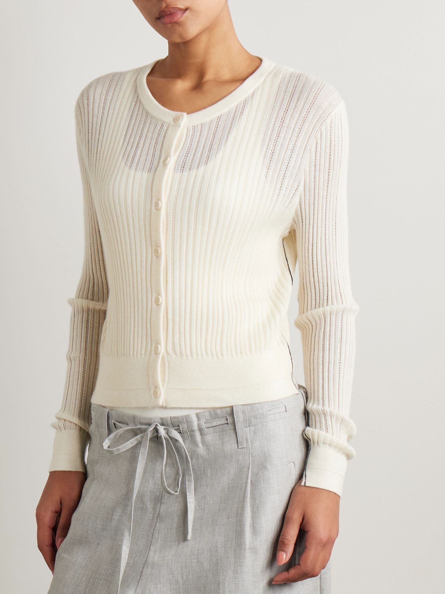 Ribbed pointelle-knit merino wool cardigan Ivory - 3