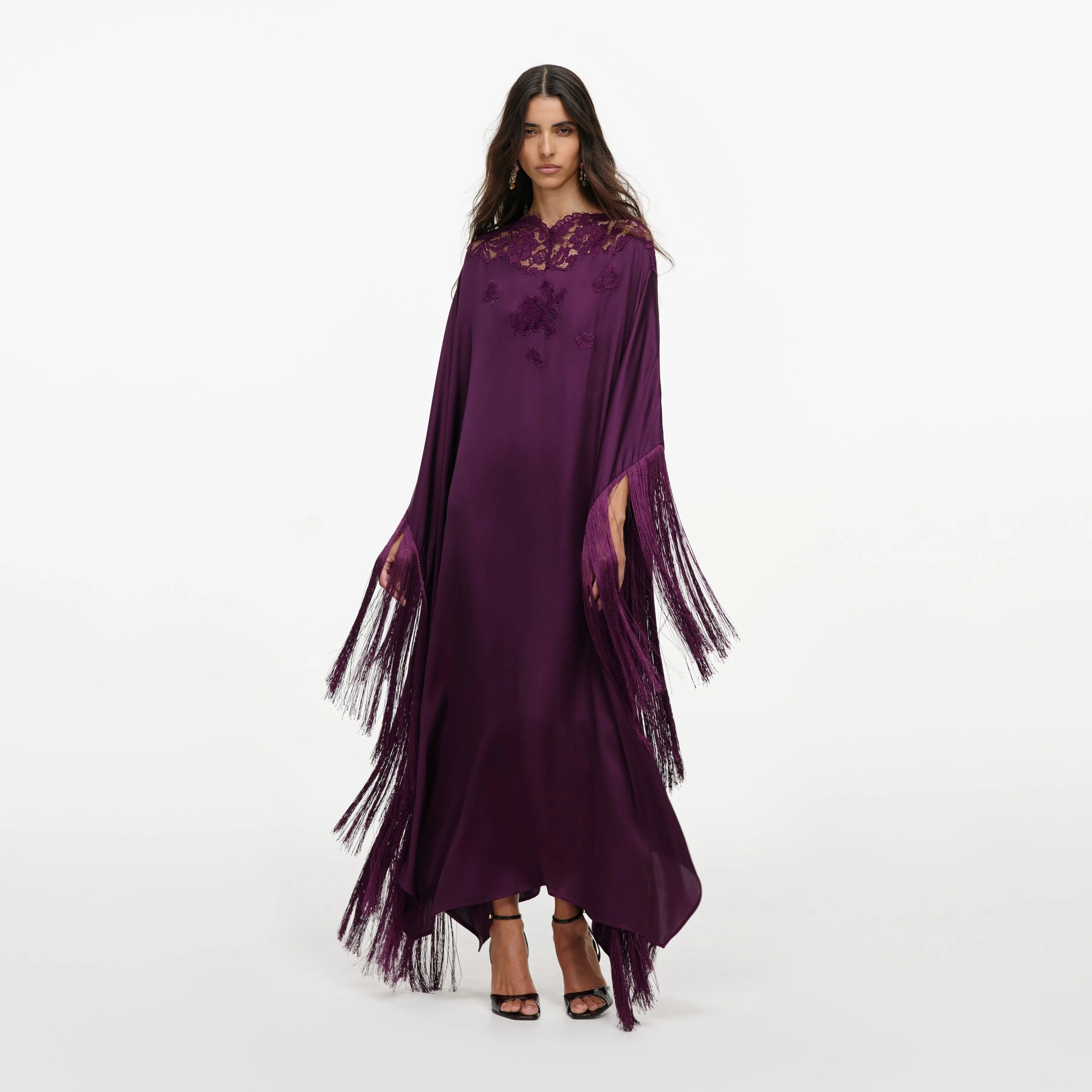 Purple Satin Fringed Kaftan - 1
