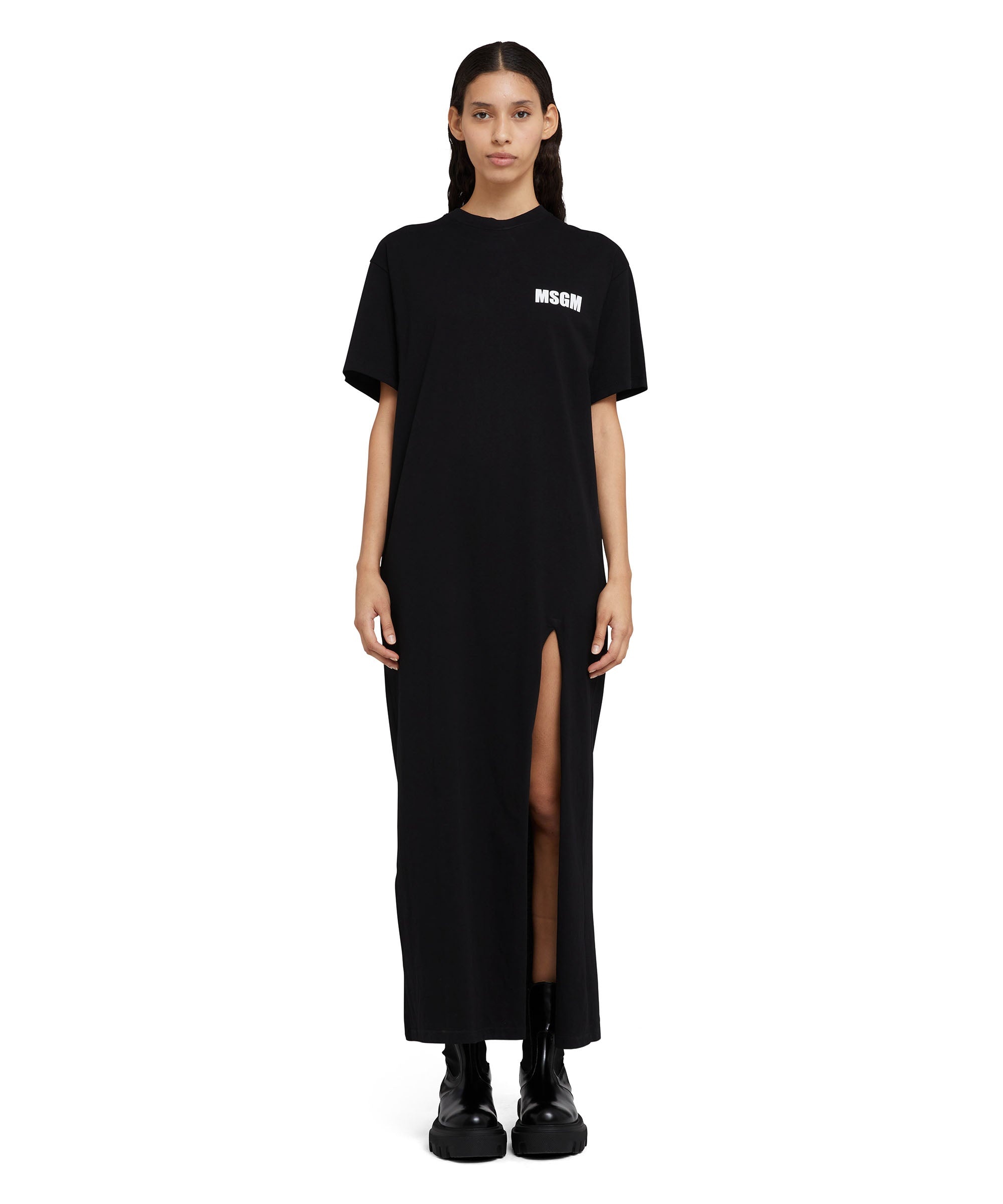 Long cotton dress with side slit and quote logo - 4