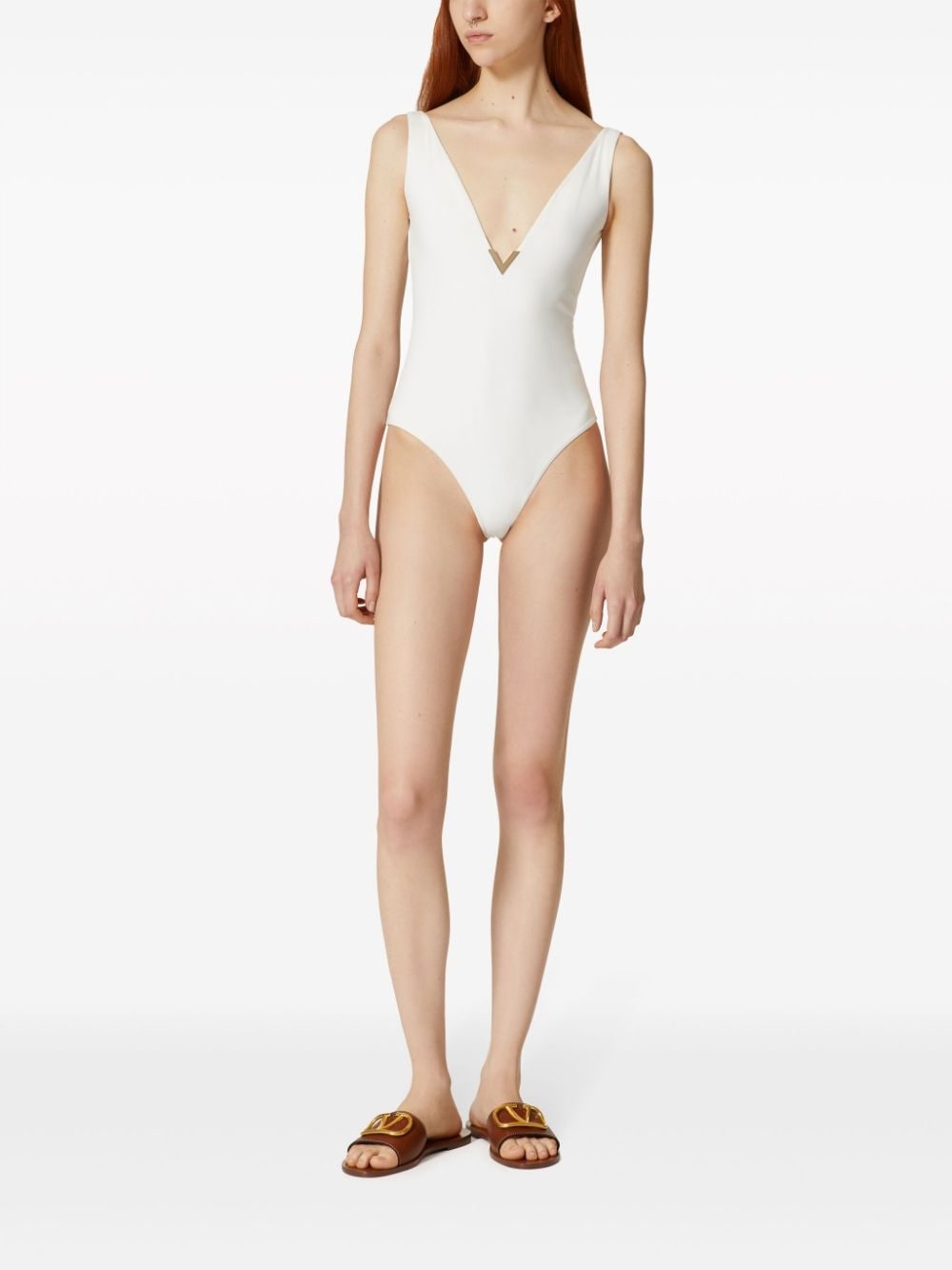 logo-plaque V-neck swimsuit - 3