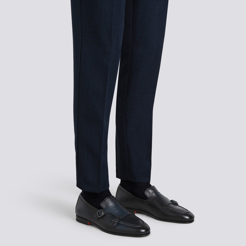 Santoni Men's polished blue leather double-buckle loafer outlook