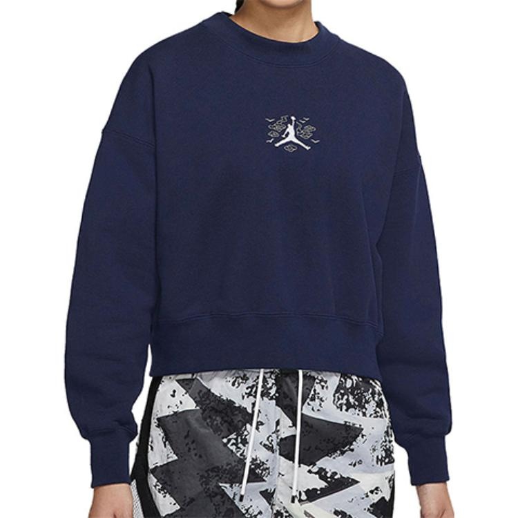 (WMNS) Jordan Solid Color Embroidered Round Neck Long Sleeves Hoodie Navy Blue DQ0864-410 - 3