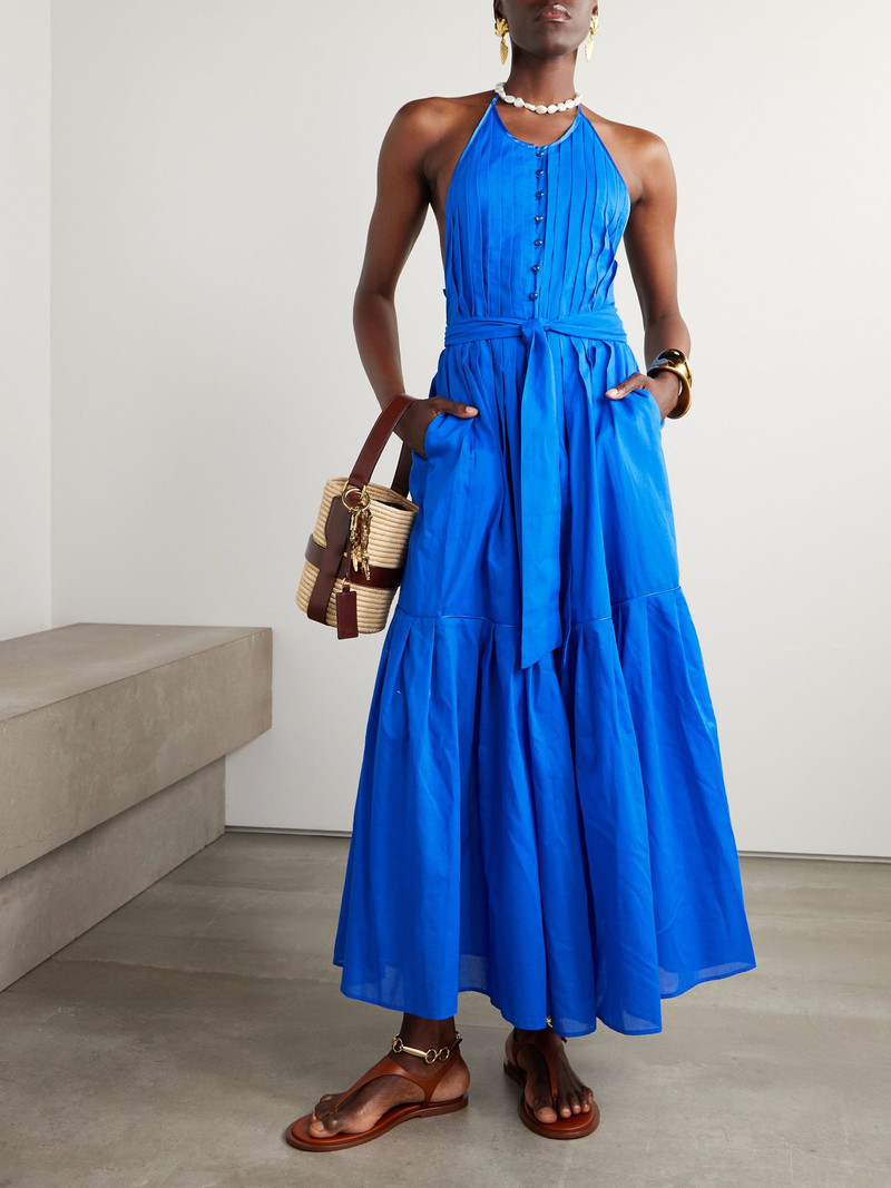 LORETTA CAPONI Patmos belted tiered cotton-poplin halterneck maxi dress Blue outlook