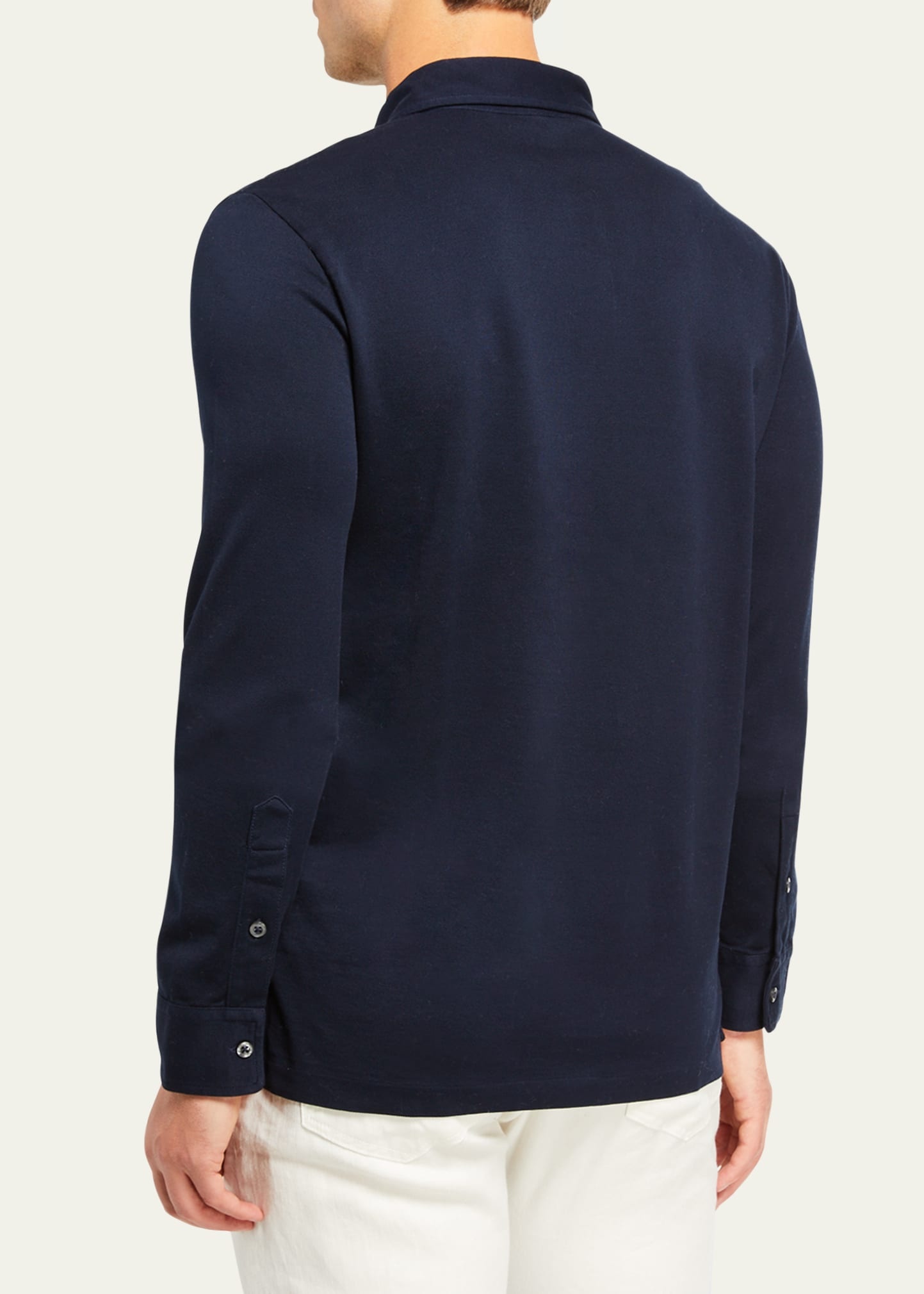 Men's Washed Long-Sleeve Pocket Polo Shirt, Navy - 3
