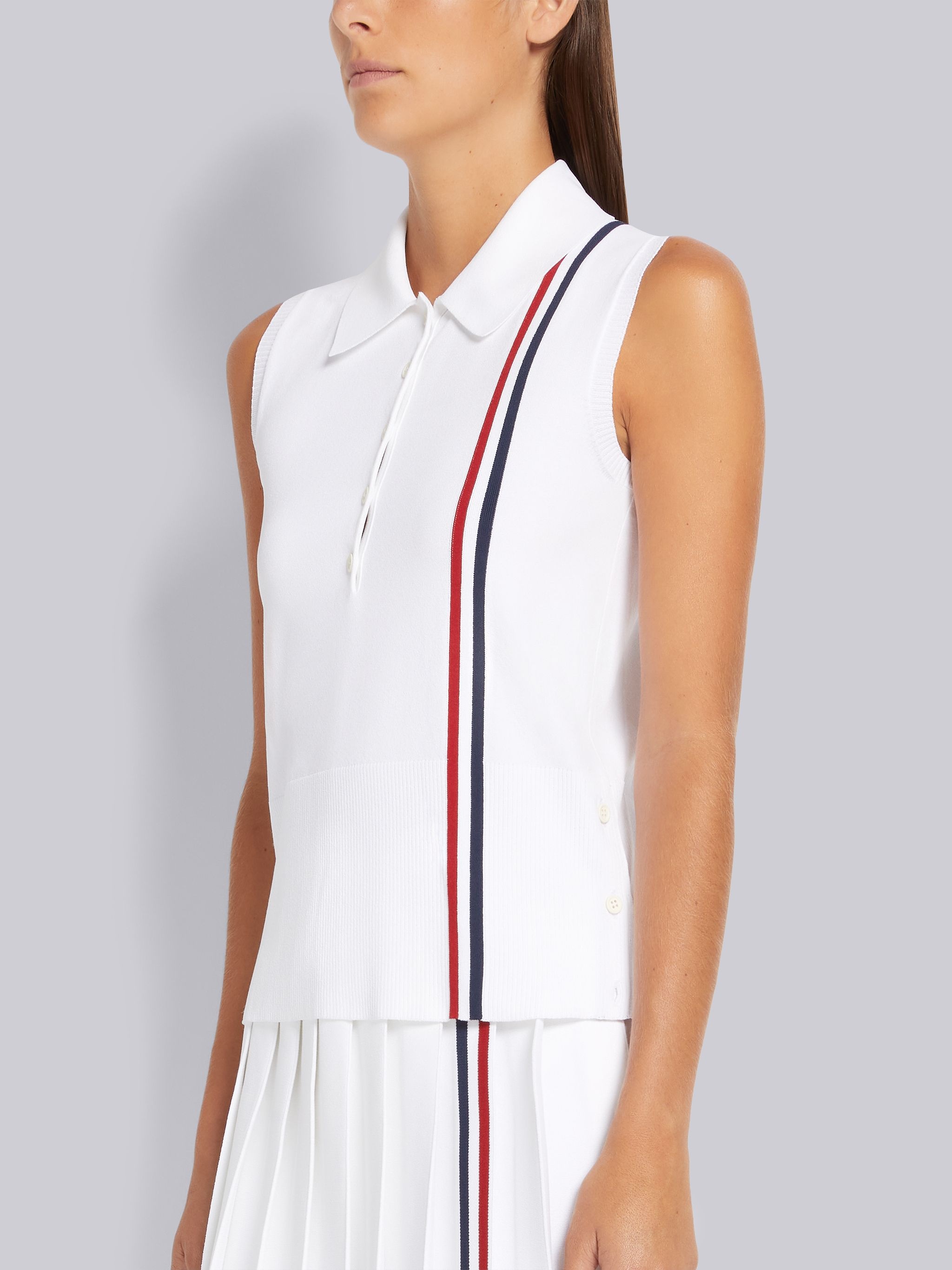 White Jersey Stitch Stretch Viscose Stripe Sleeveless Polo - 2