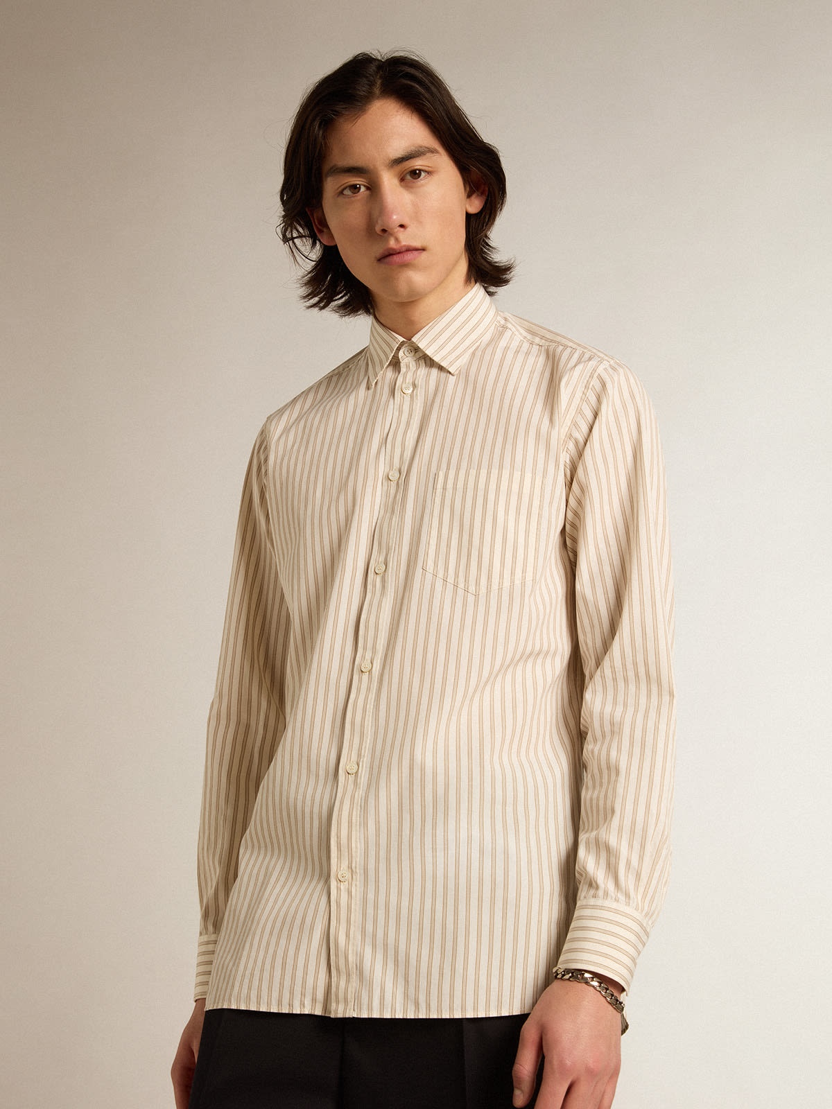 Men’s white cotton shirt with beige stripes - 2
