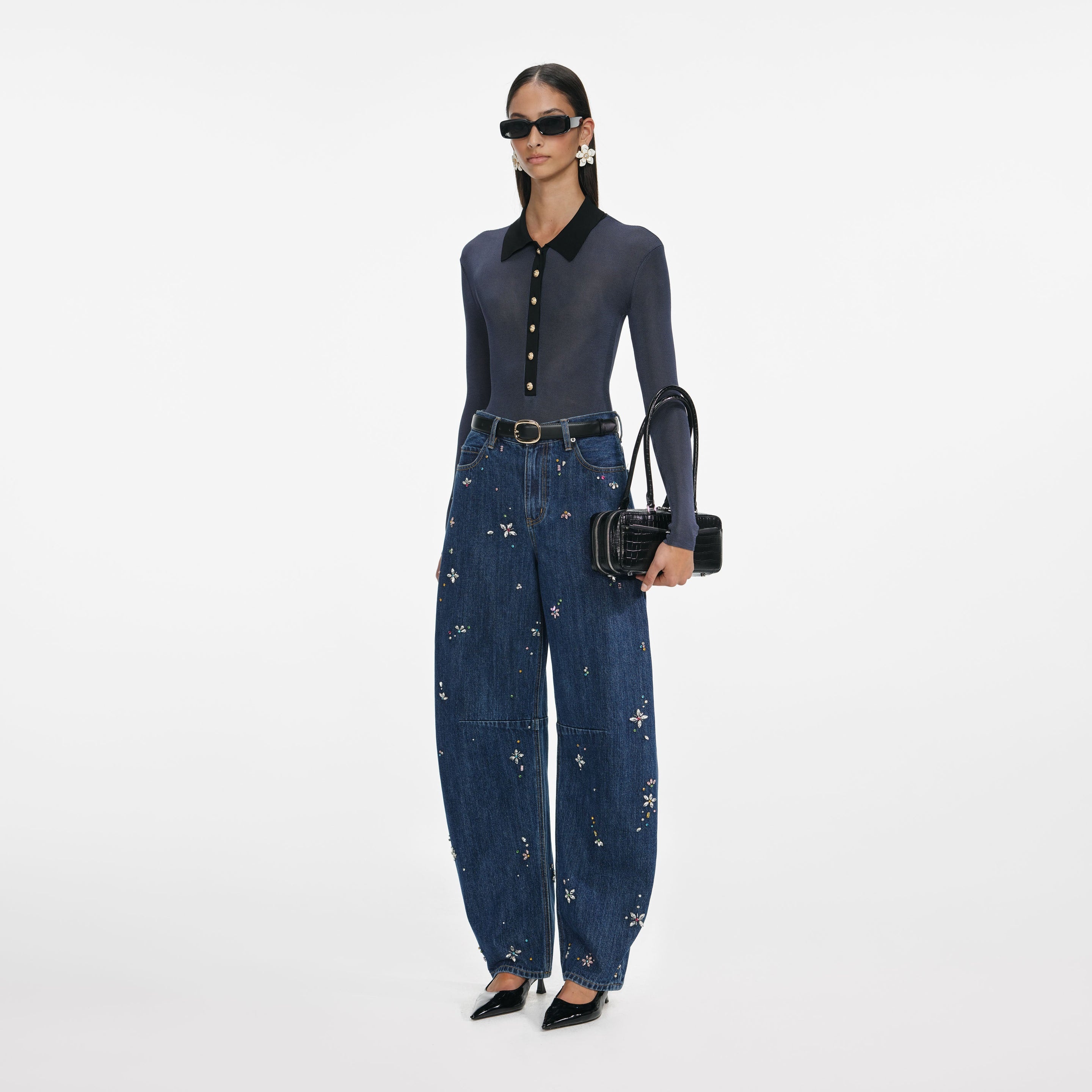 Blue Embellished Barrel Leg Jeans - 2