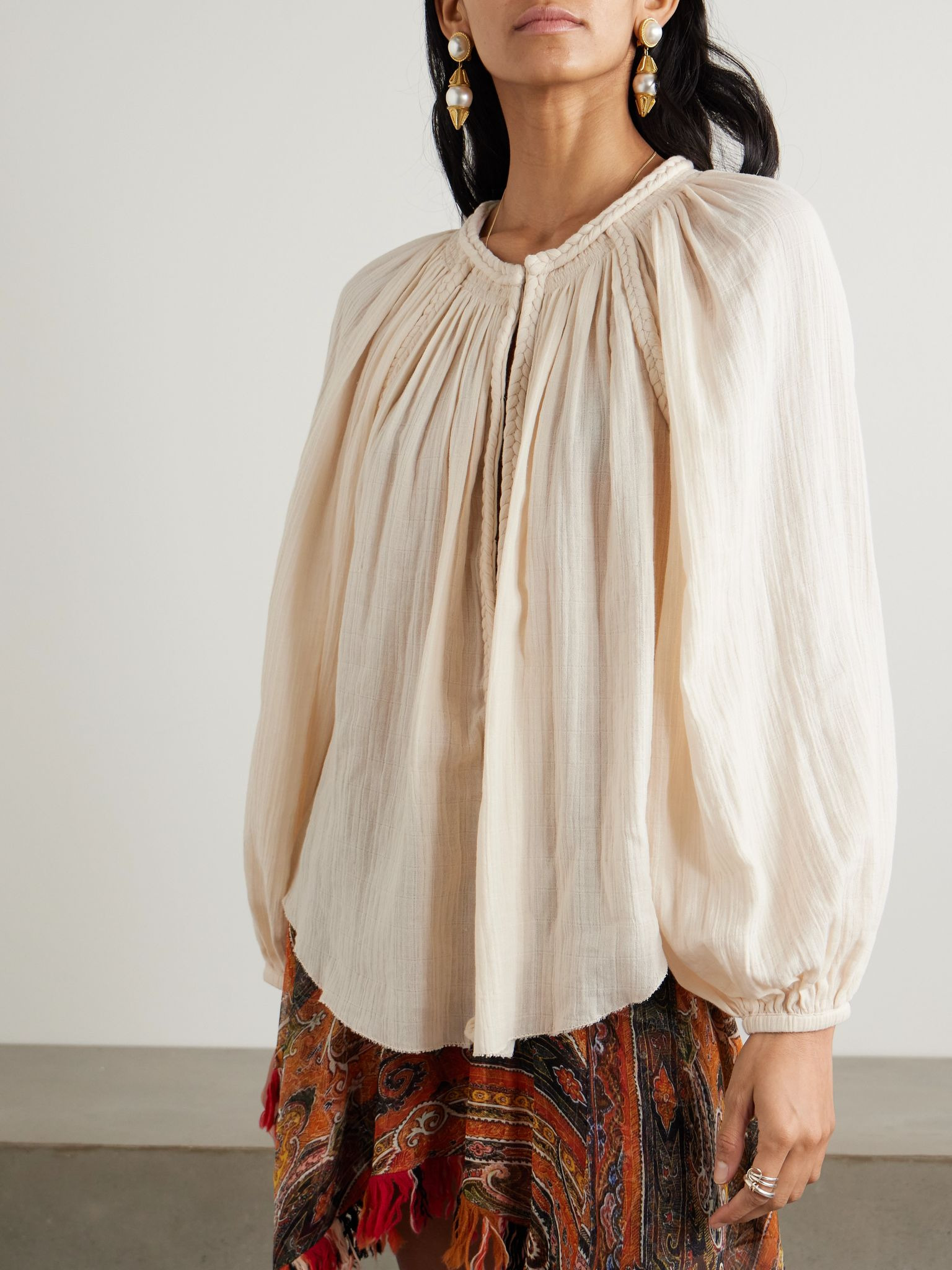 Jenna frayed braided gathered cotton-gauze blouse Beige - 3