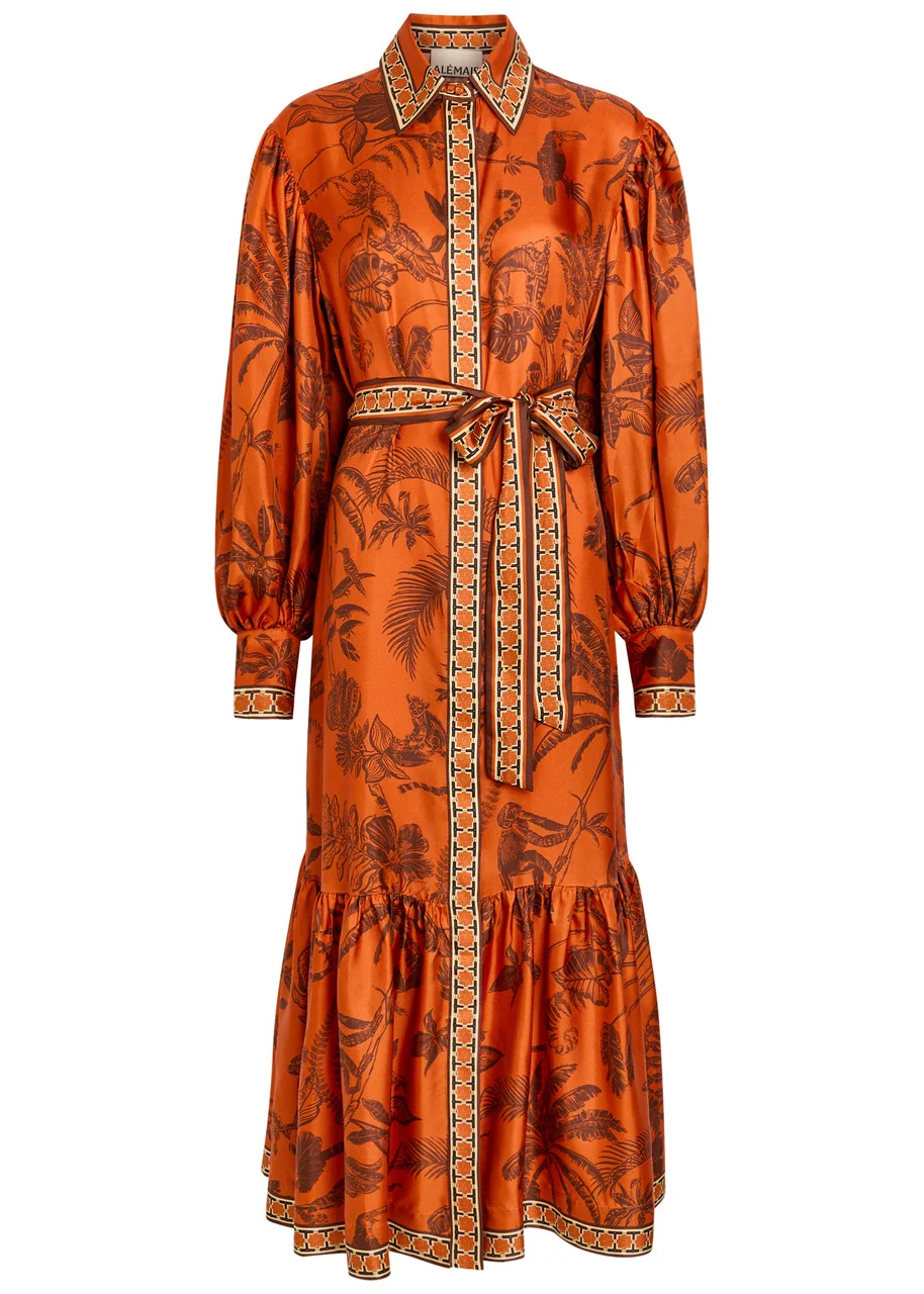 Alemais Monkey Dance Printed Silk Midi Shirt Dress - 1