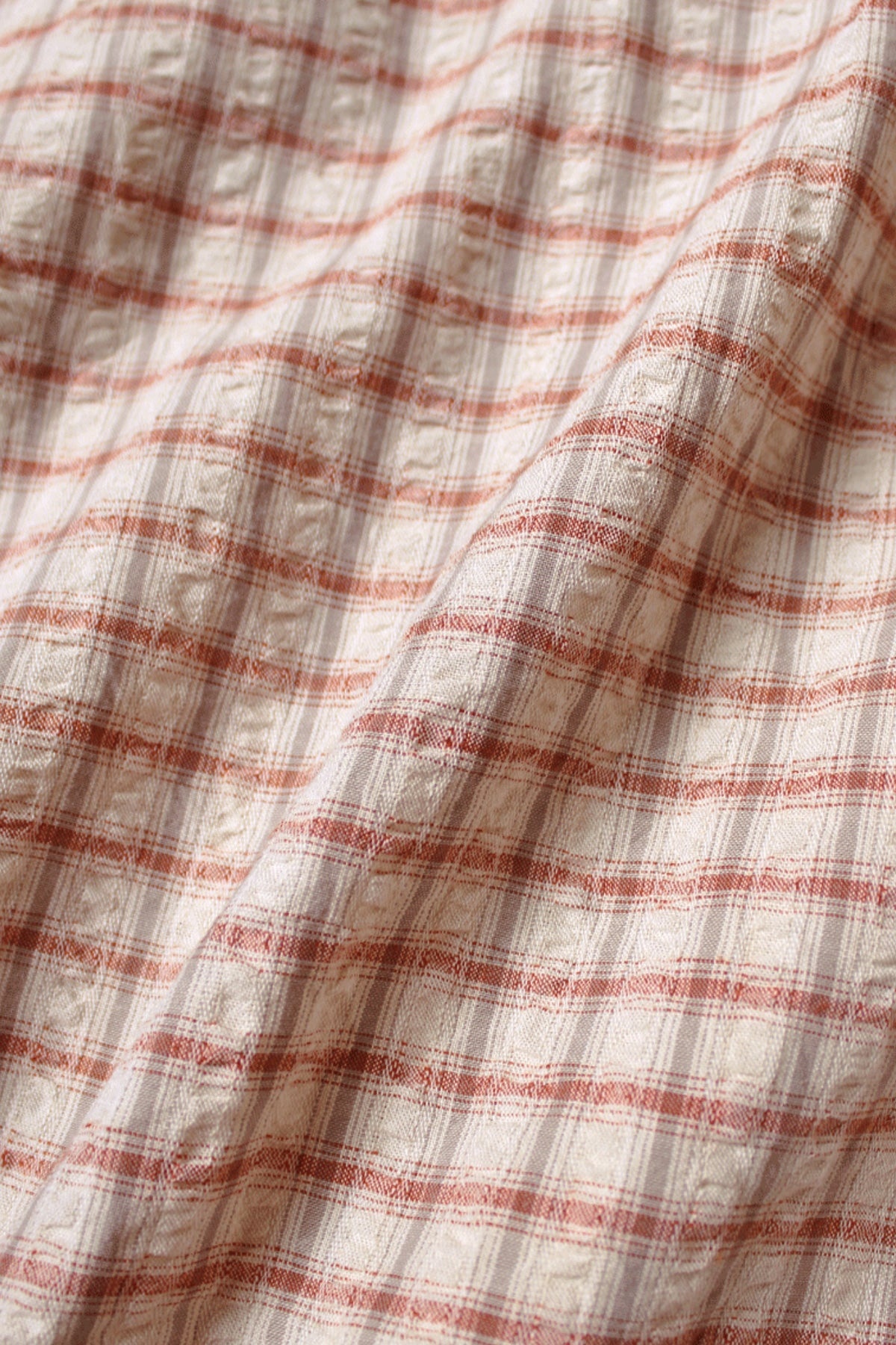 Cotton Linen Seersucker Check Open-Collar Western BIG Shirt - Red - 4