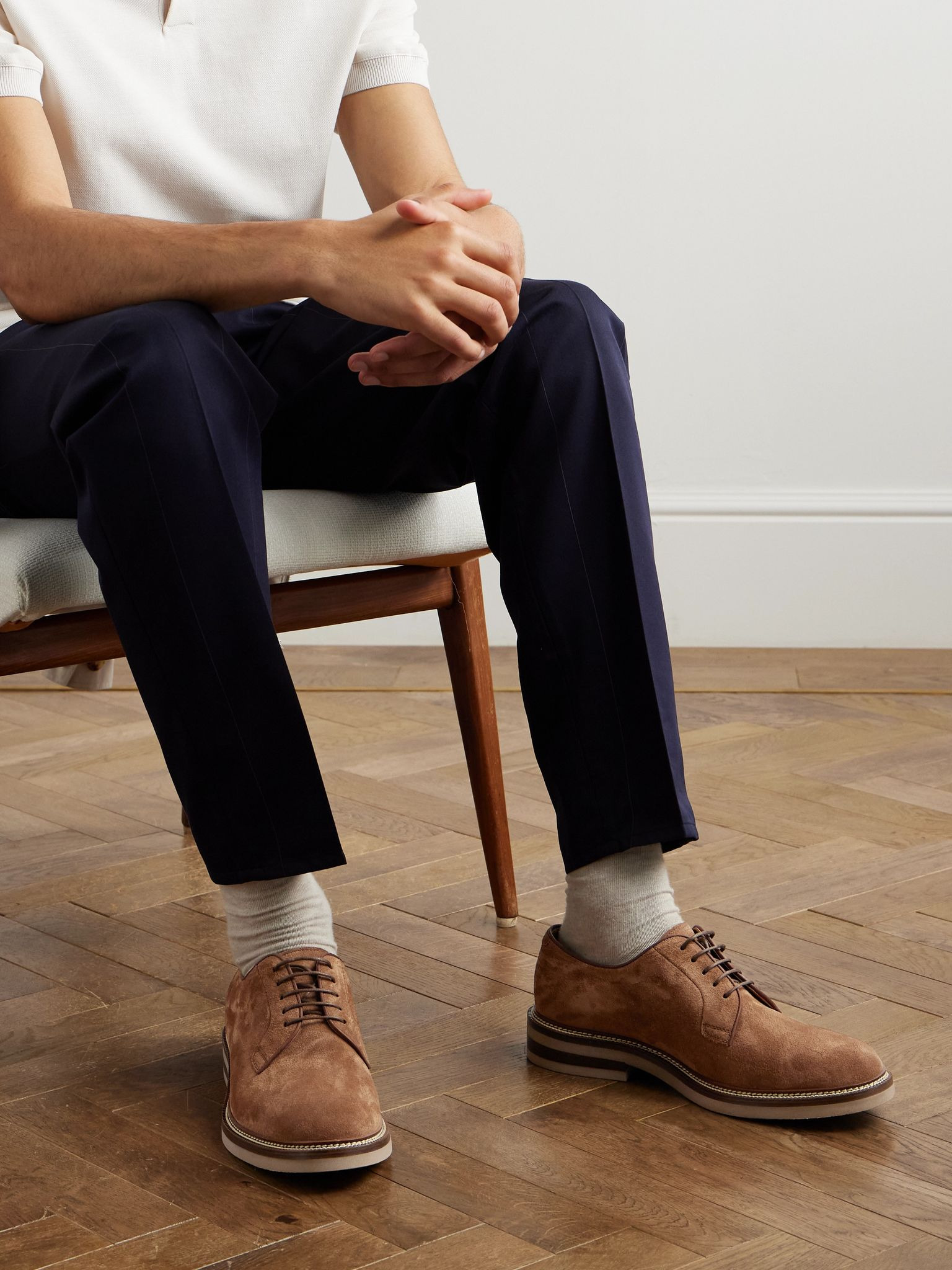 Leather-Trimmed Suede Derby Shoes Brown - 2