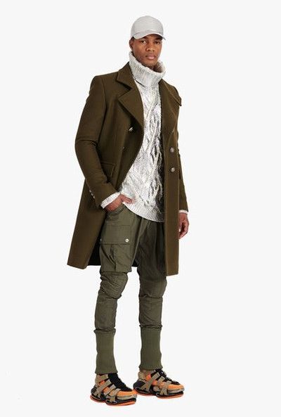 Balmain Long khaki wool military coat with double-breasted silver-tone buttoned fastening outlook