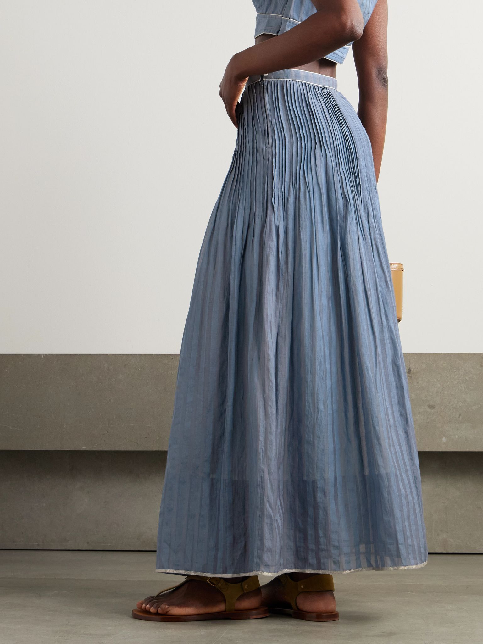 Delphi pintucked striped cotton and silk-blend maxi skirt Blue - 3