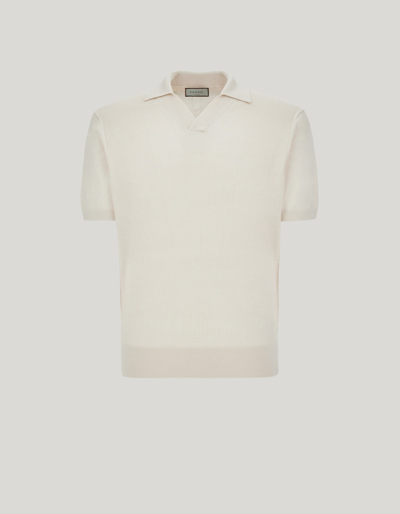 SHORT-SLEEVE OPEN COLLAR POLO IN CREAM COTTON-SILK BLEND 1