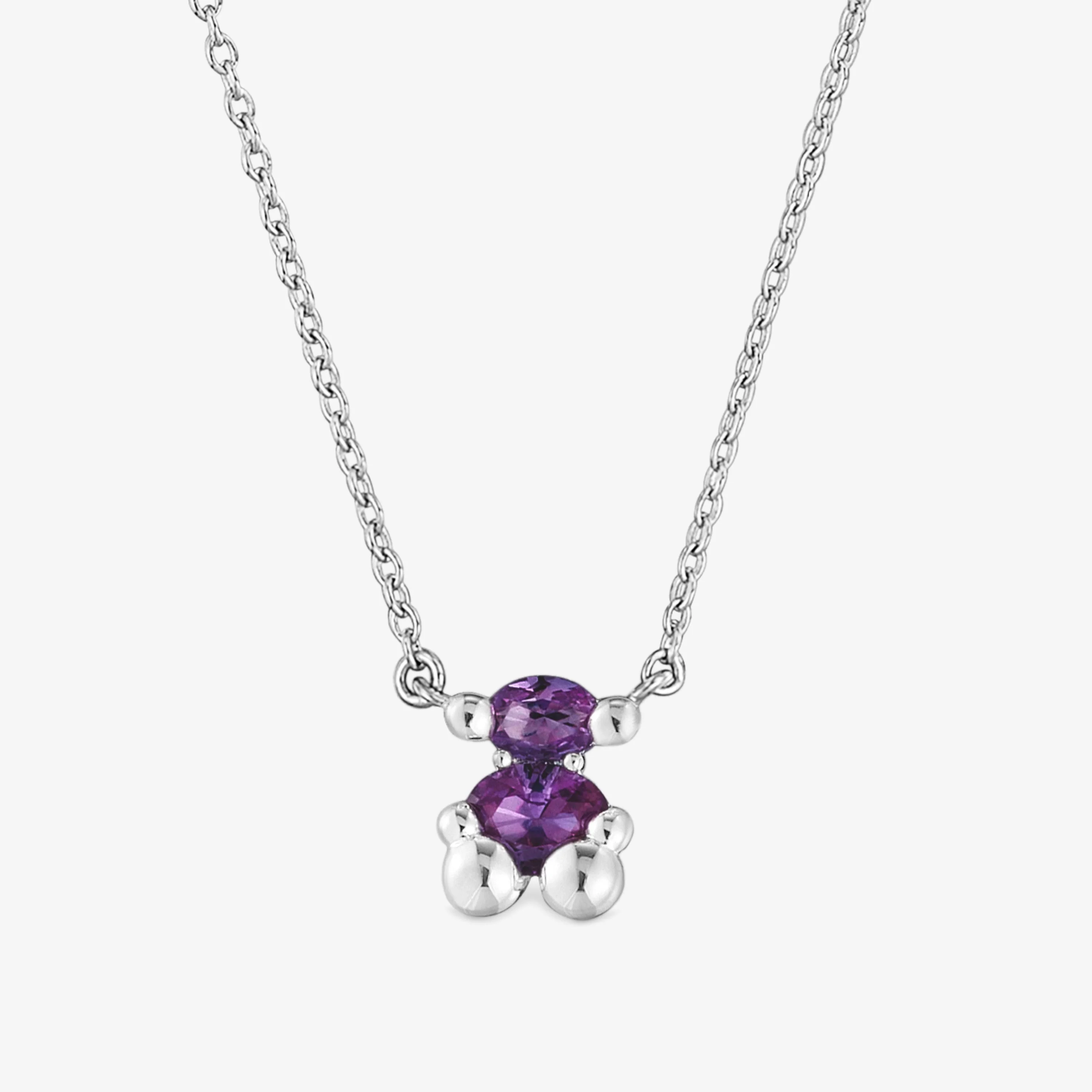 Short silver bear motif chain Necklace with lilac lab-grown sapphires Color Bear LGG - 1