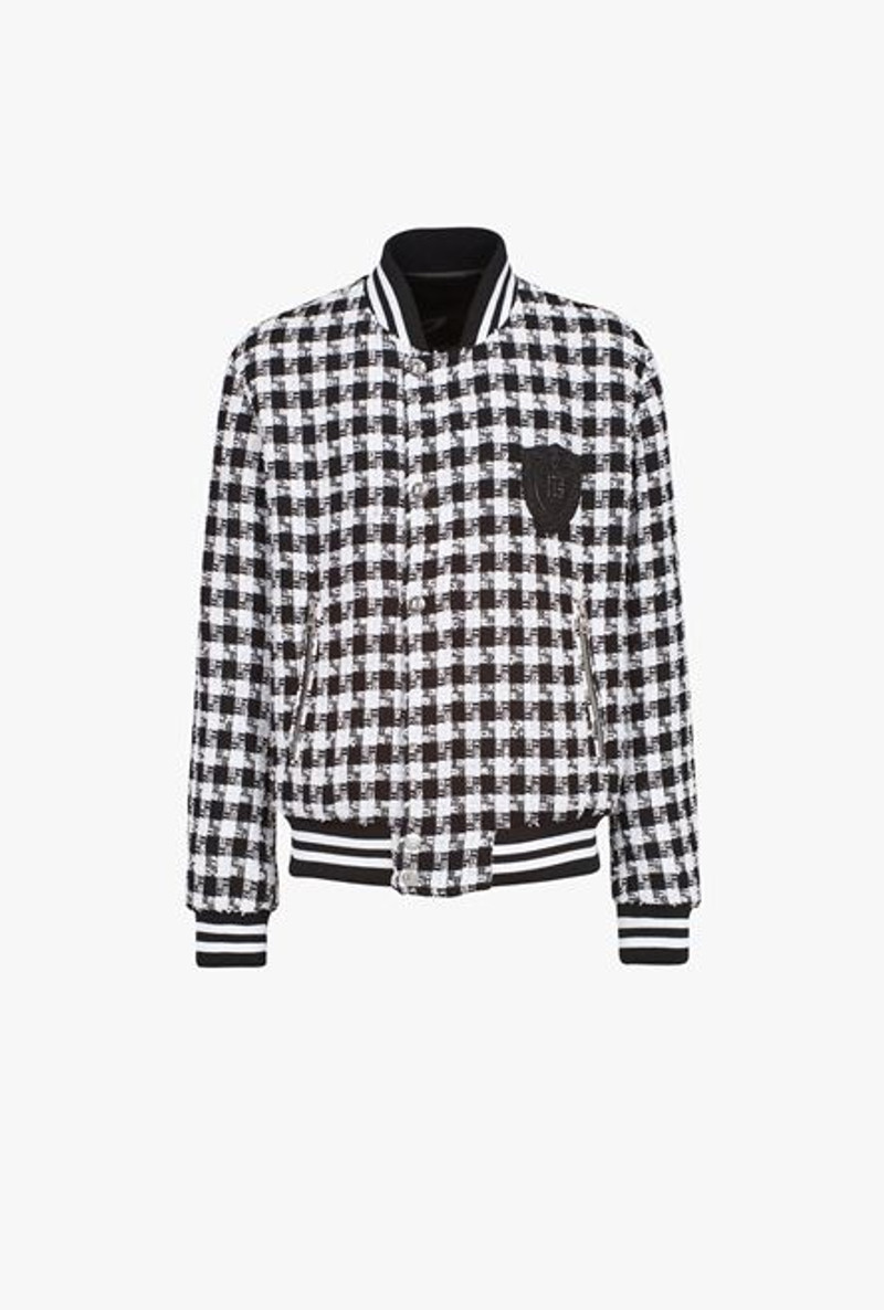 White and black houndstooth cotton bomber jacket 1