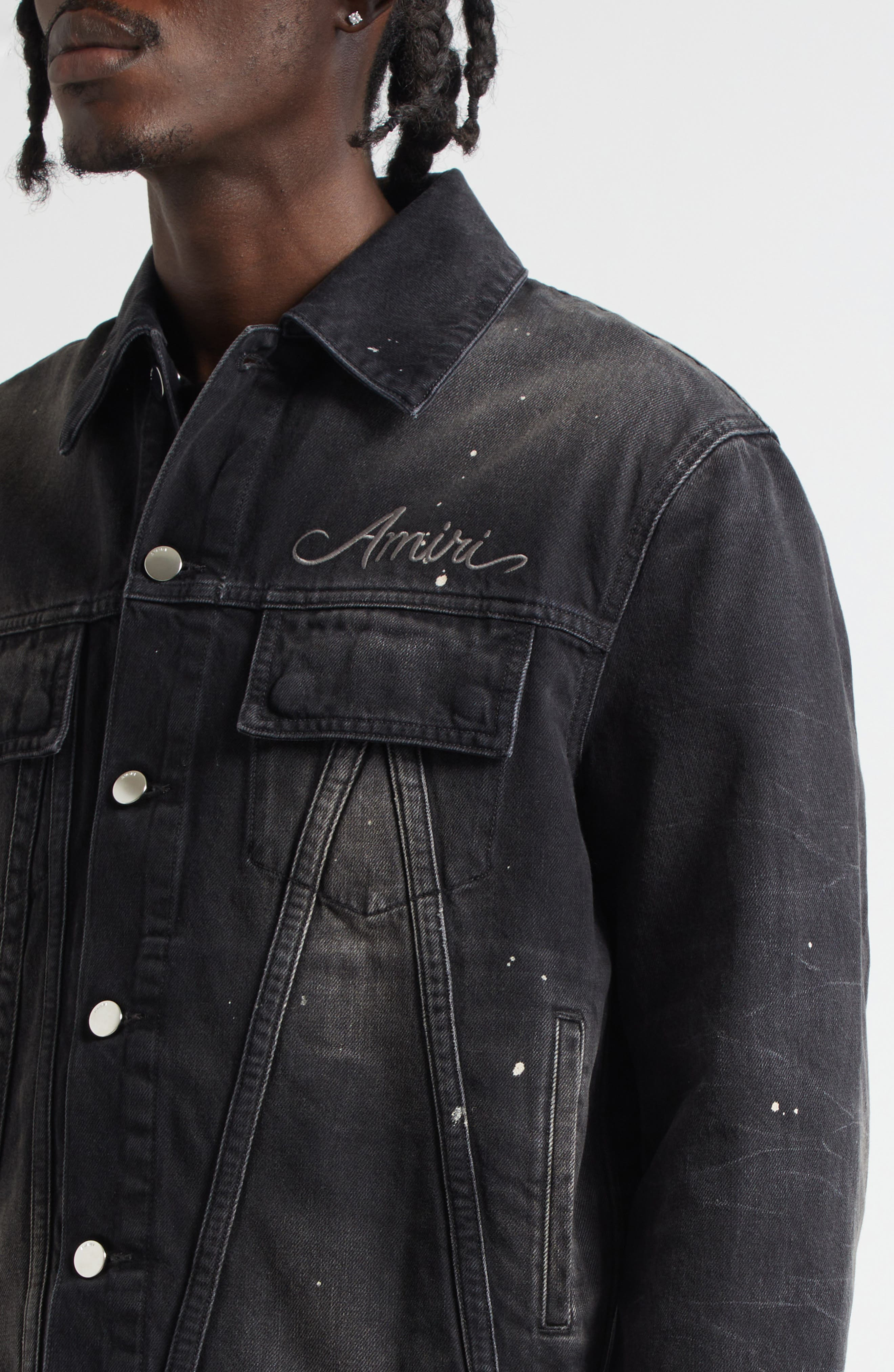 AMIRI Bleach Bandana Denim Trucker Jacket in Faded Black at Nordstrom - 5