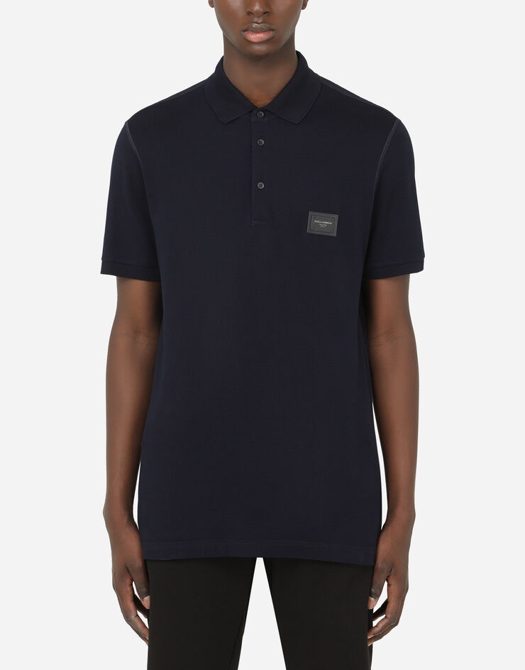 Cotton piqué polo-shirt with branded plate - 1