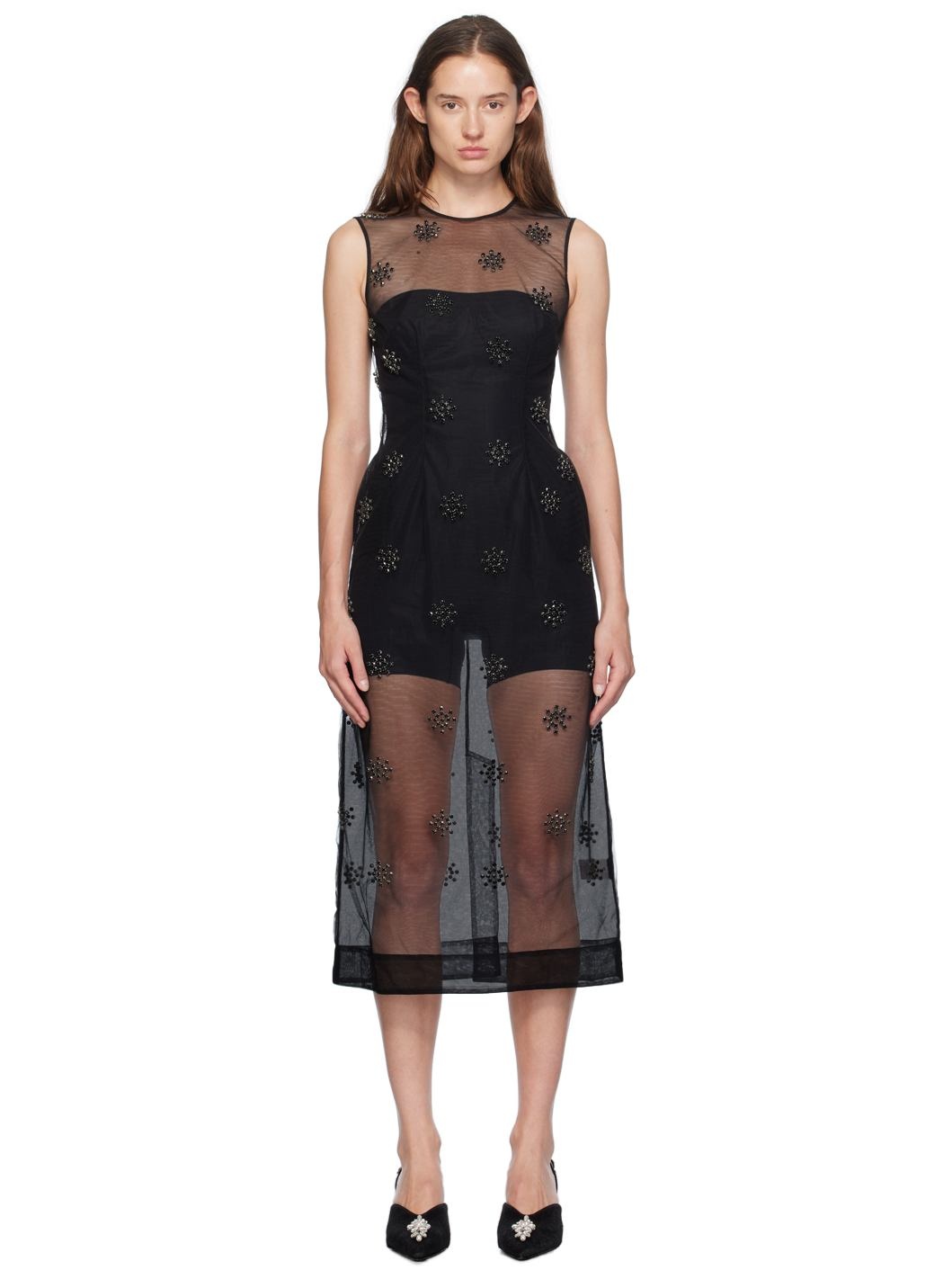 Black Embellished Sleeveless Midi Dress - 1