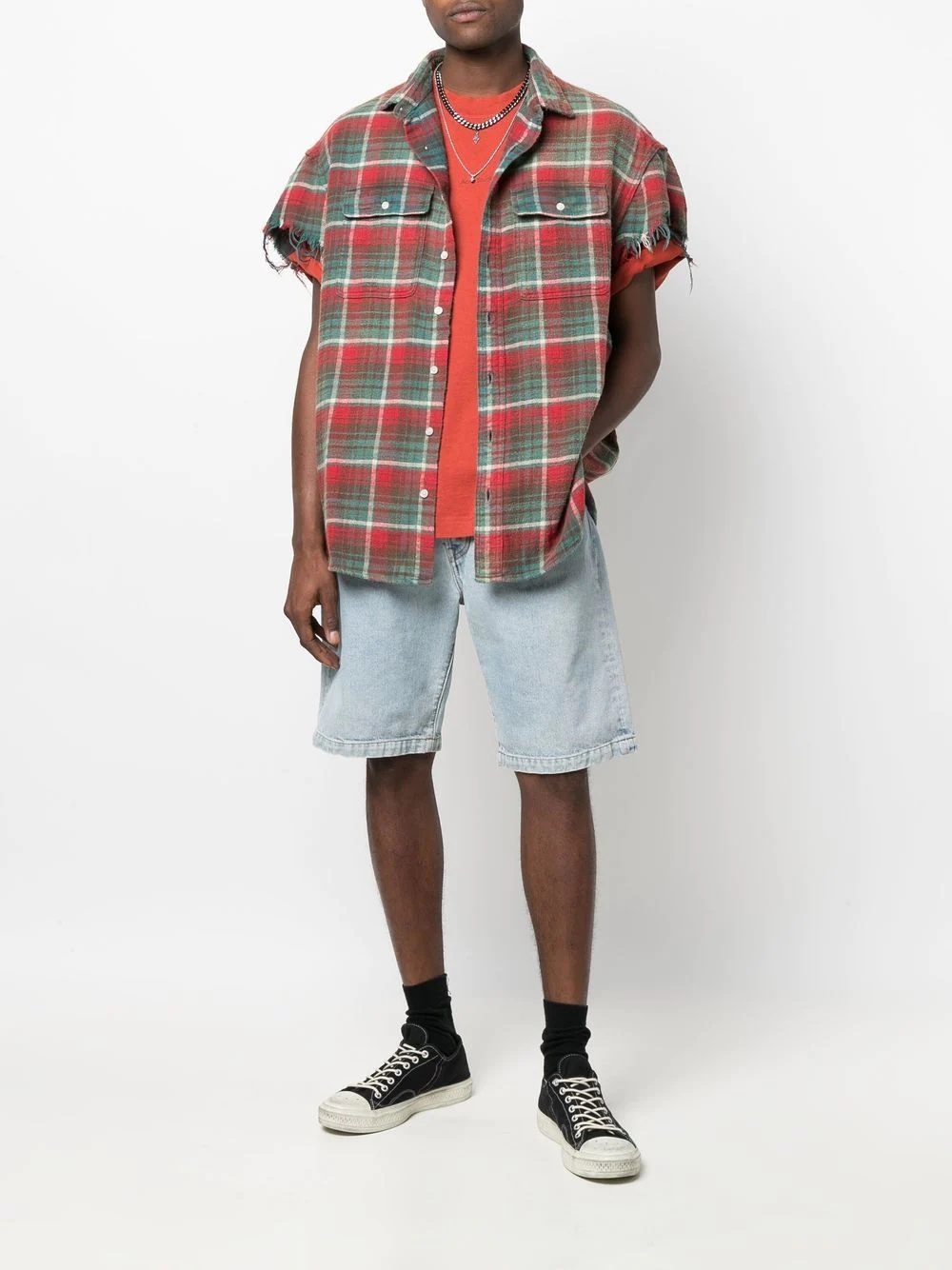 distressed checked short-sleeved shirt - 2