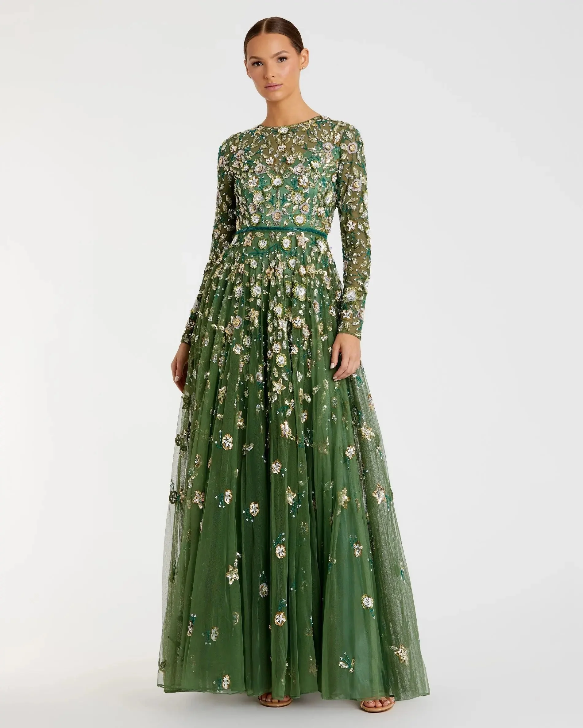 Sage Embellished High Neck Long Sleeve A Line Gown - 1