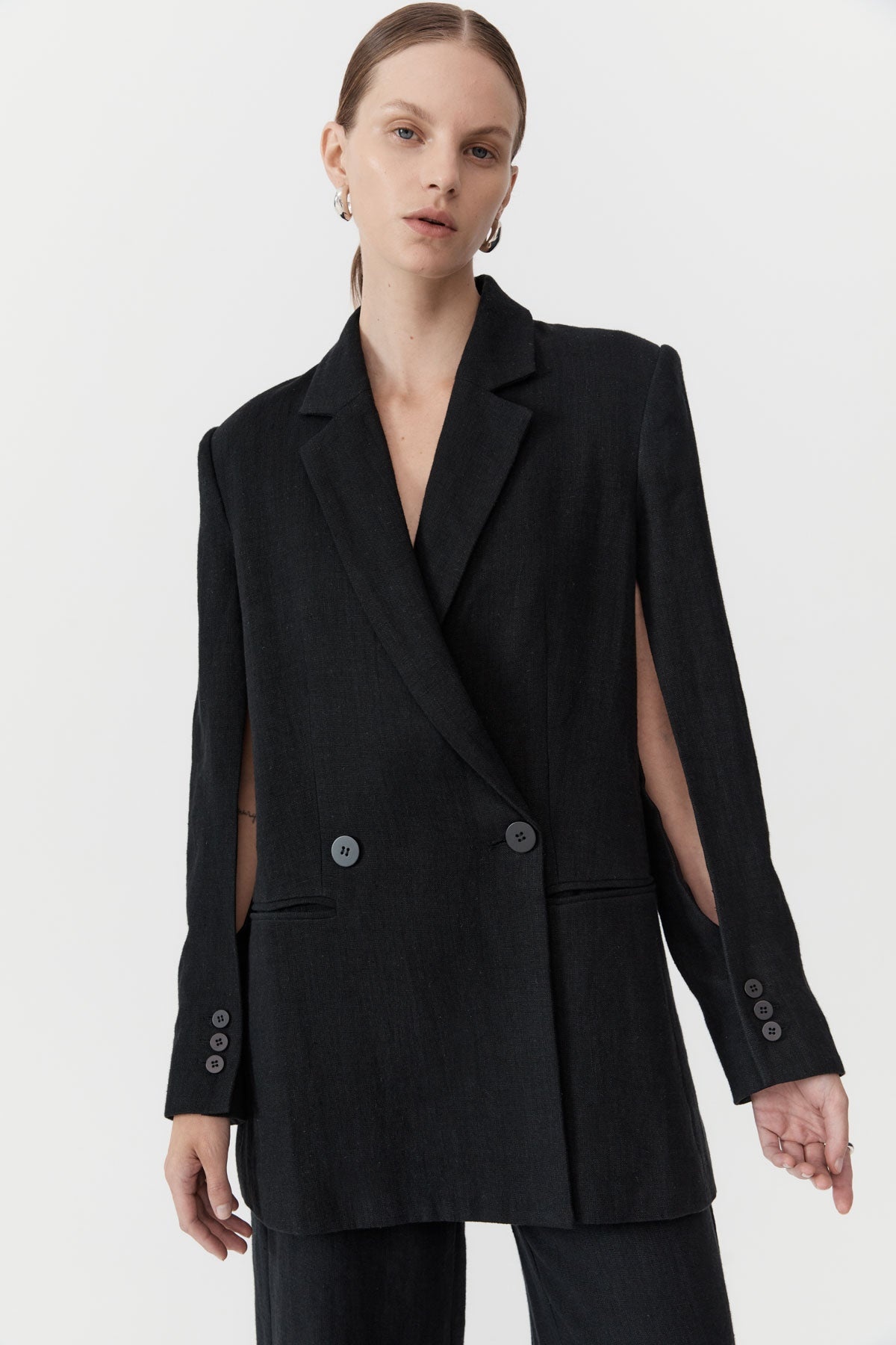 Linen Split Sleeve Blazer - Black - 5