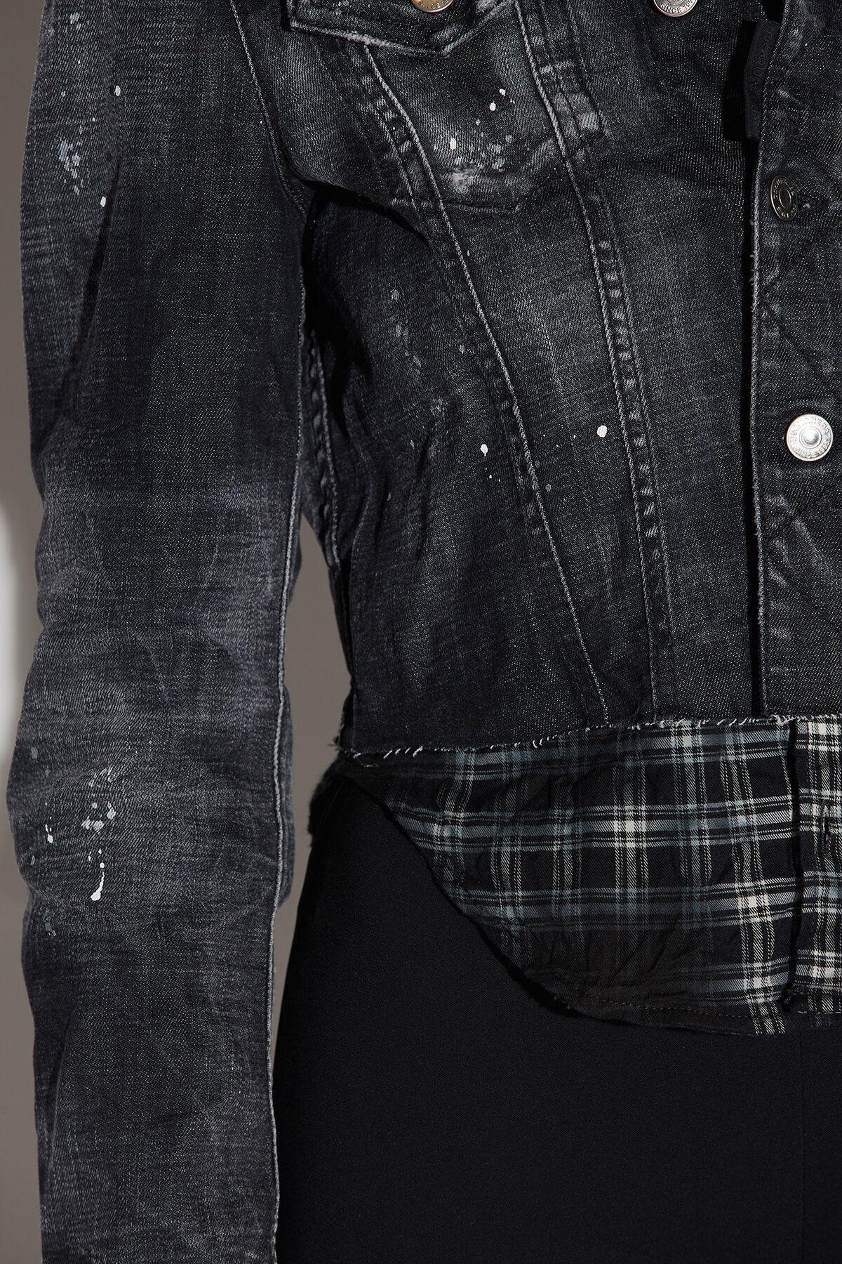BLACK RIPPED WASH MIX CHECK JEAN JACKET - 4