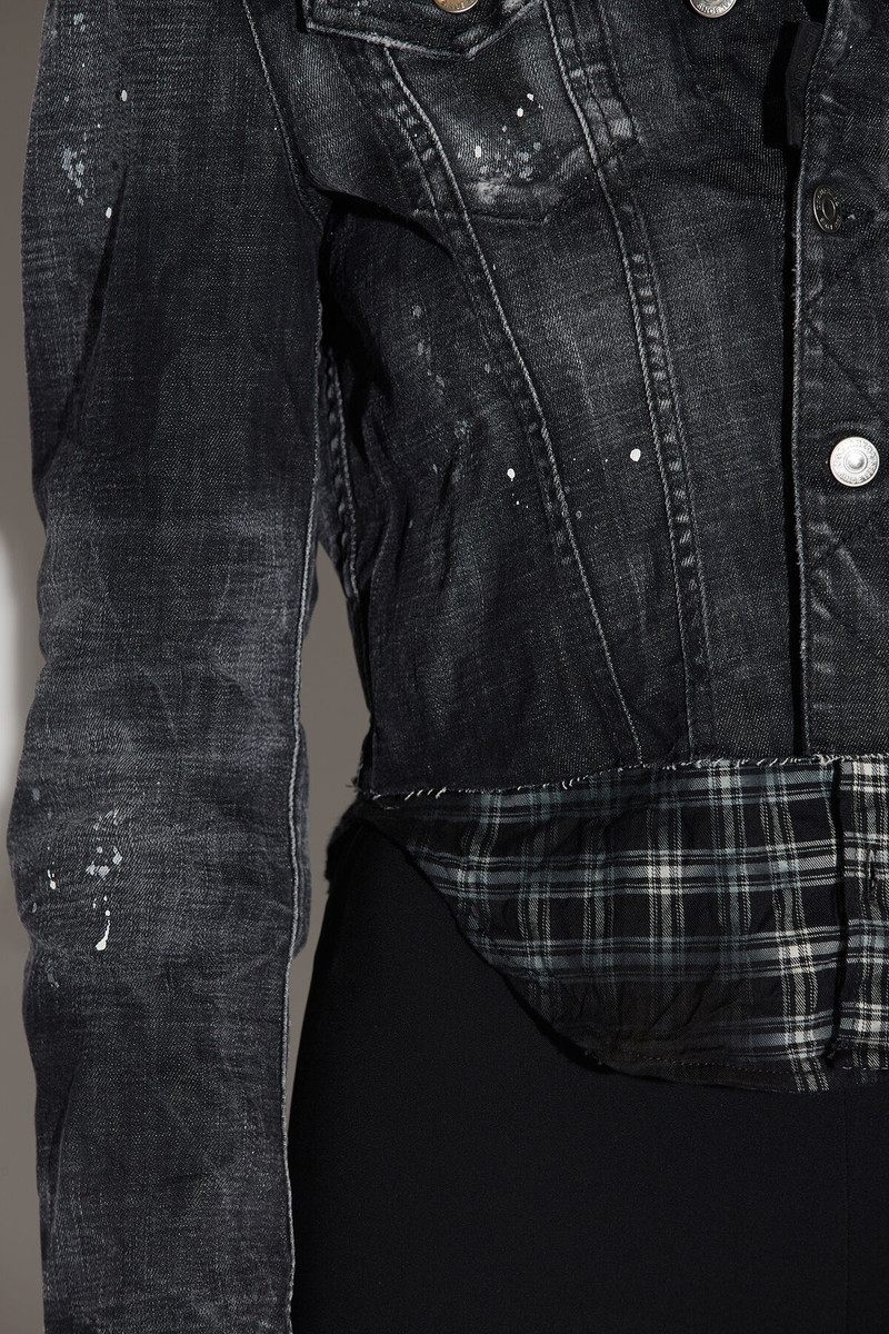 BLACK RIPPED WASH MIX CHECK JEAN JACKET 4