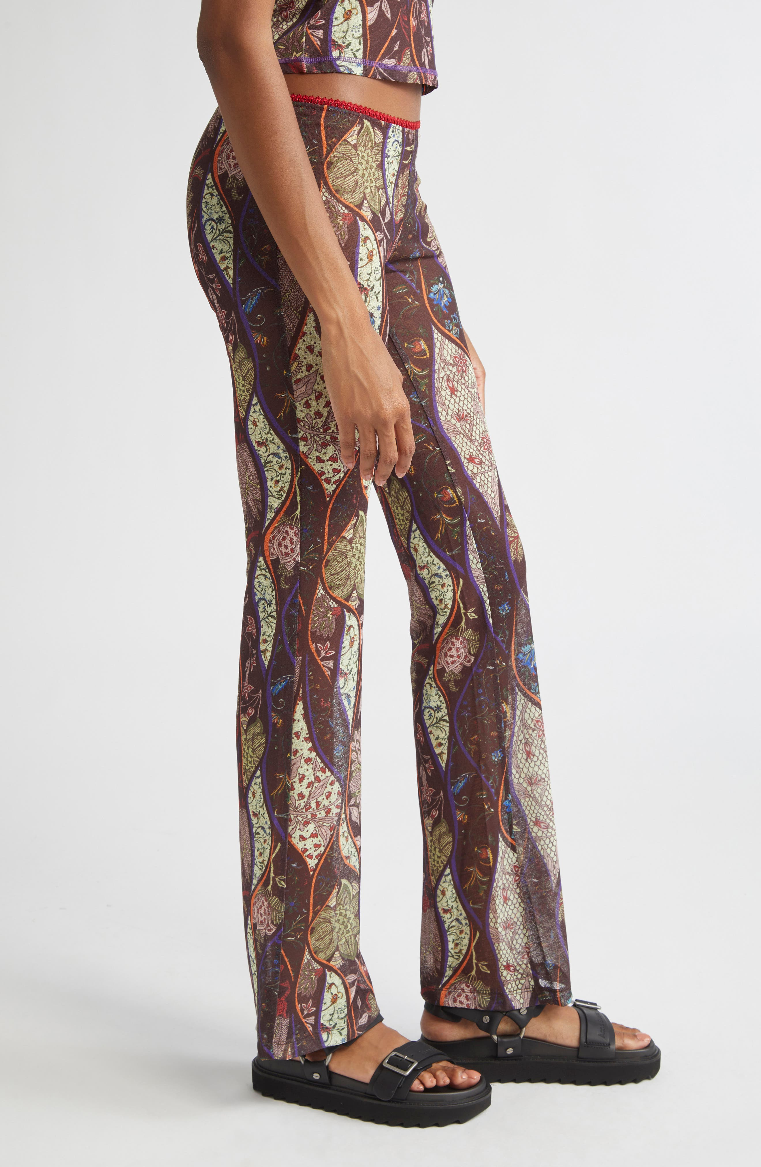 Siedrés Flo Floral Paisley Mesh Flare Pants in Brown Multi at Nordstrom - 4