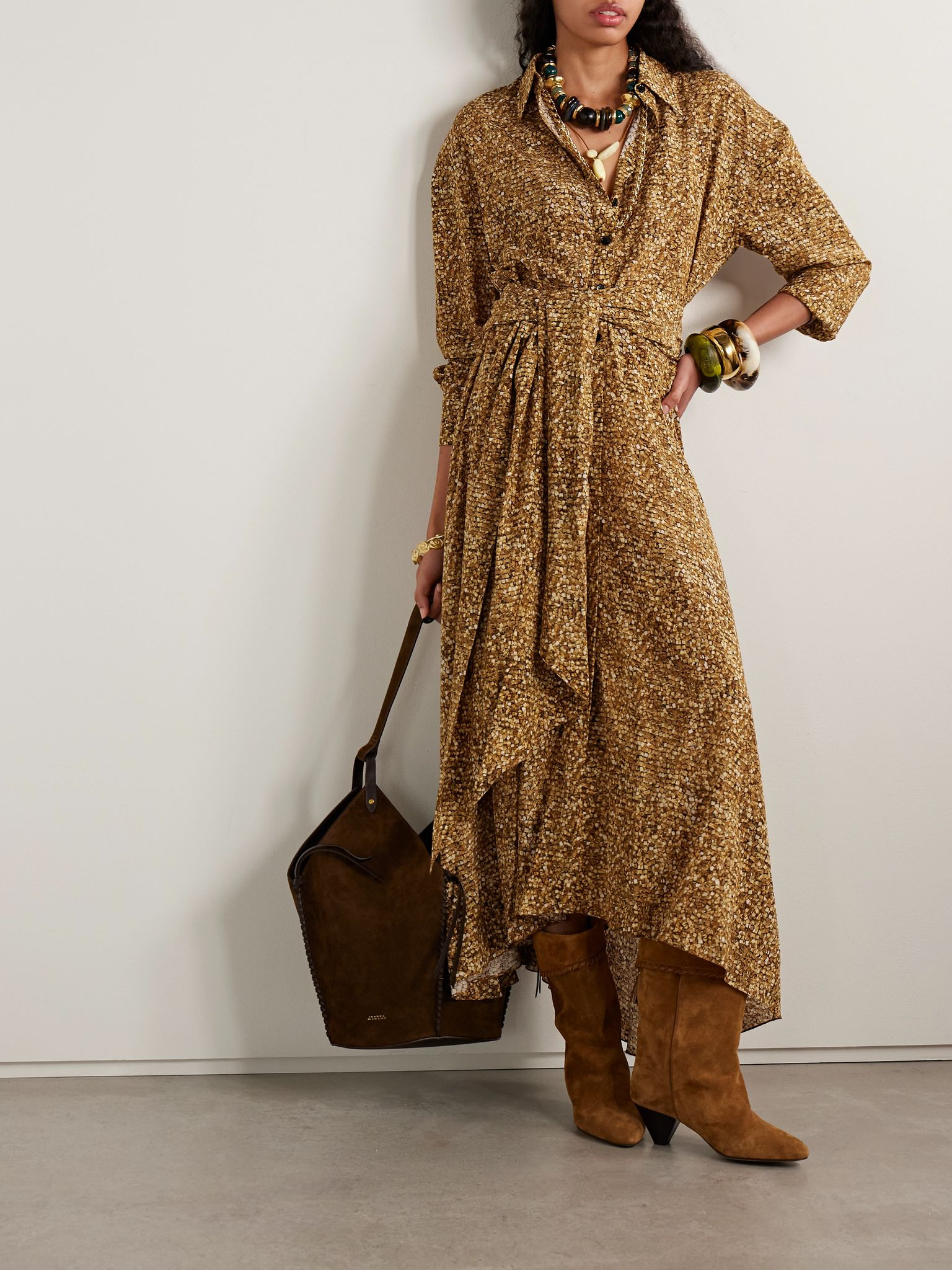 Samantha asymmetric printed stretch-silk crepe de chine shirt dress Brown - 2