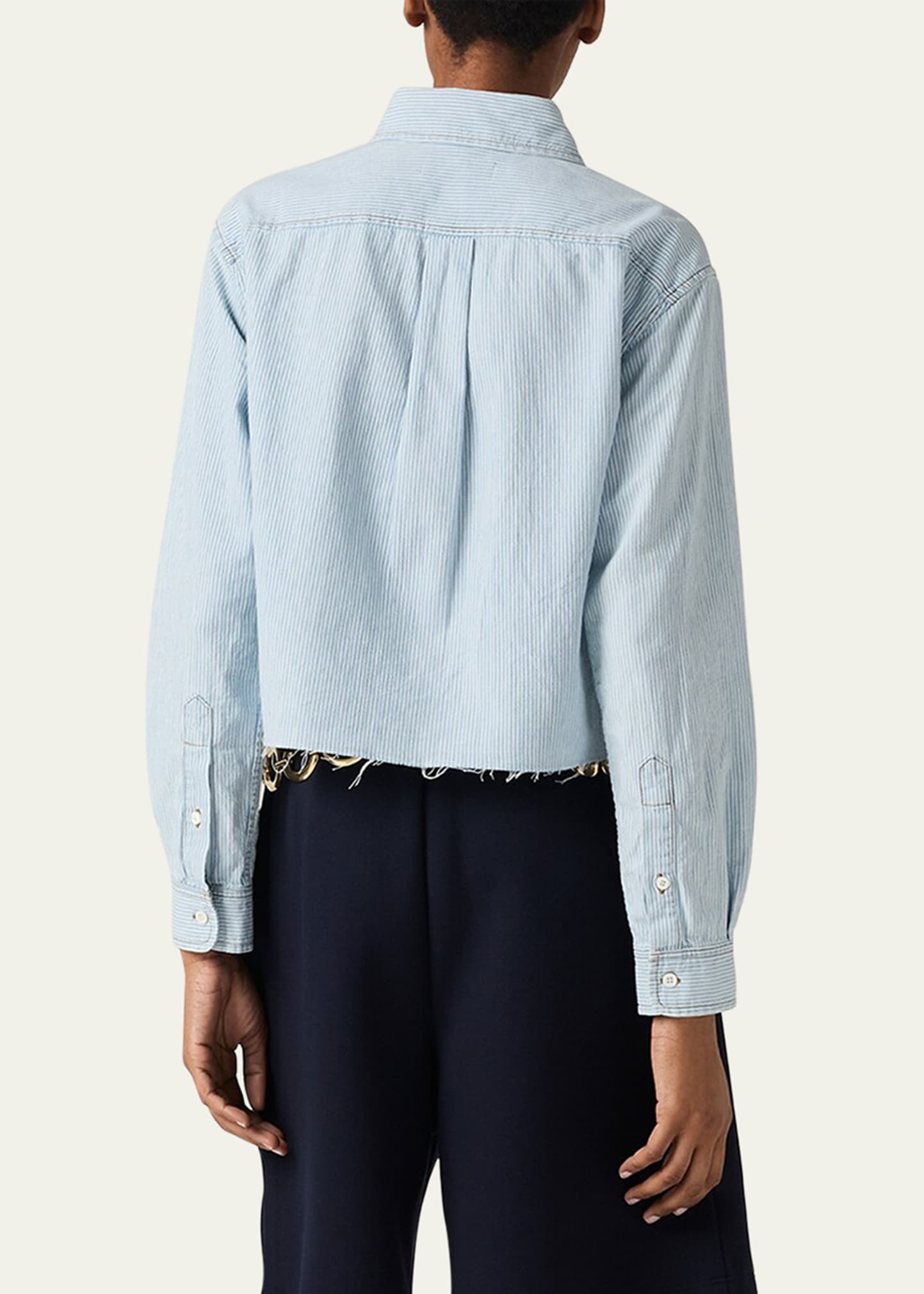 Chambray Riga Long Sleeve Cropped Button Down Shirt - 3