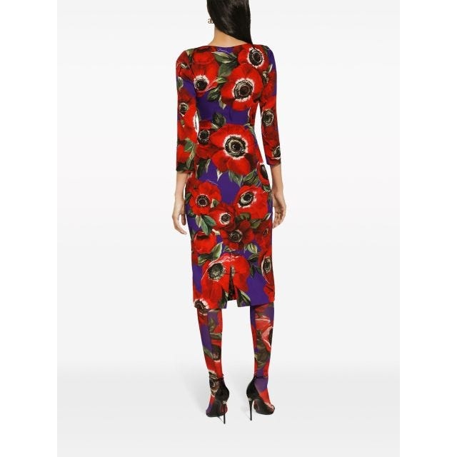 Poppy-print round-neck midi dress - 4