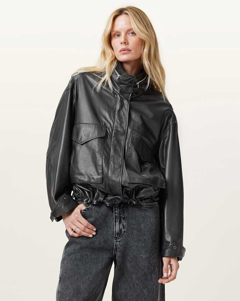 CLAY FUNNEL NECK CROPPED LEATHER JACKET - 1