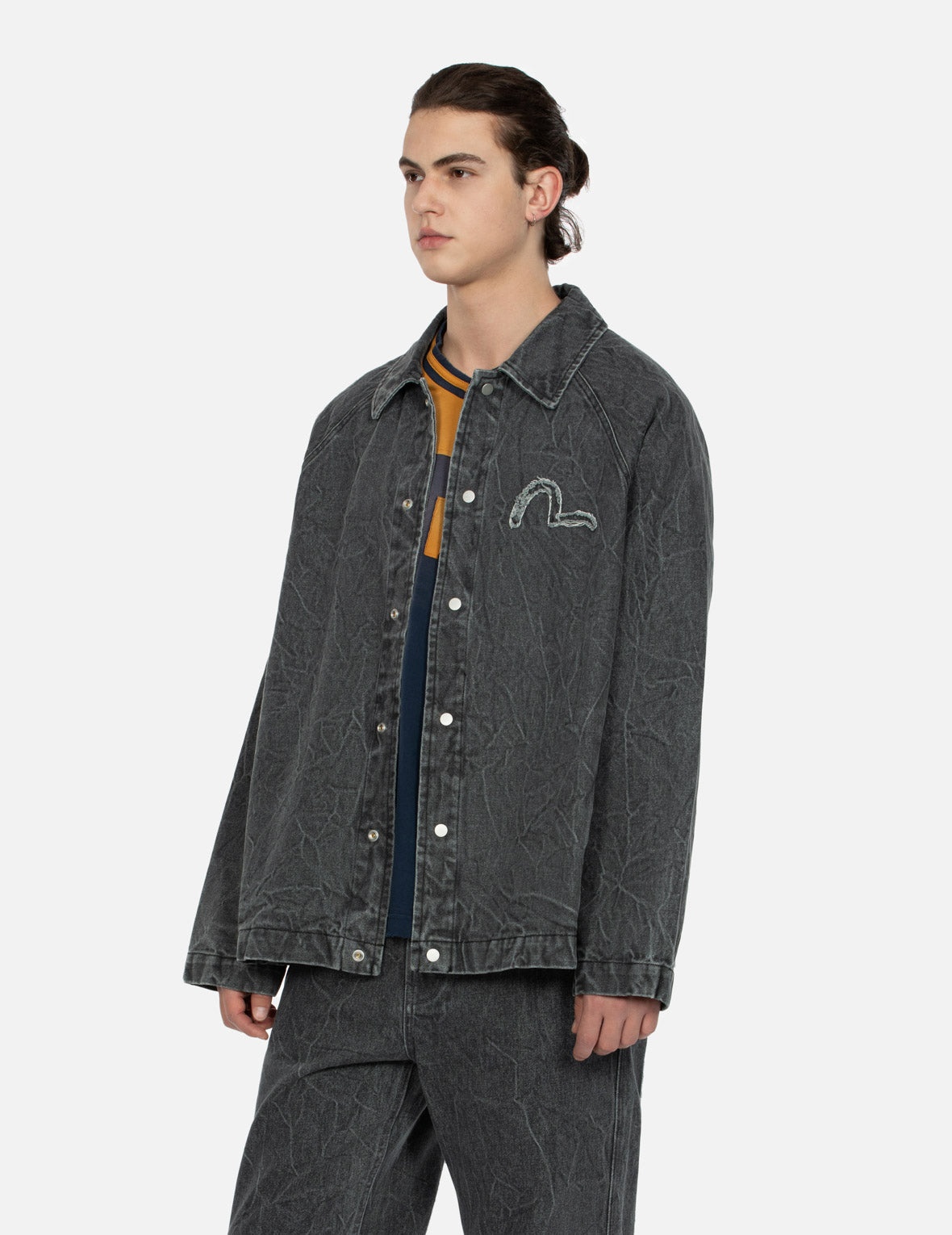 SEAGULL AND SLOGAN EMBROIDERY OVERSIZED  DENIM COACH JACKET - 7
